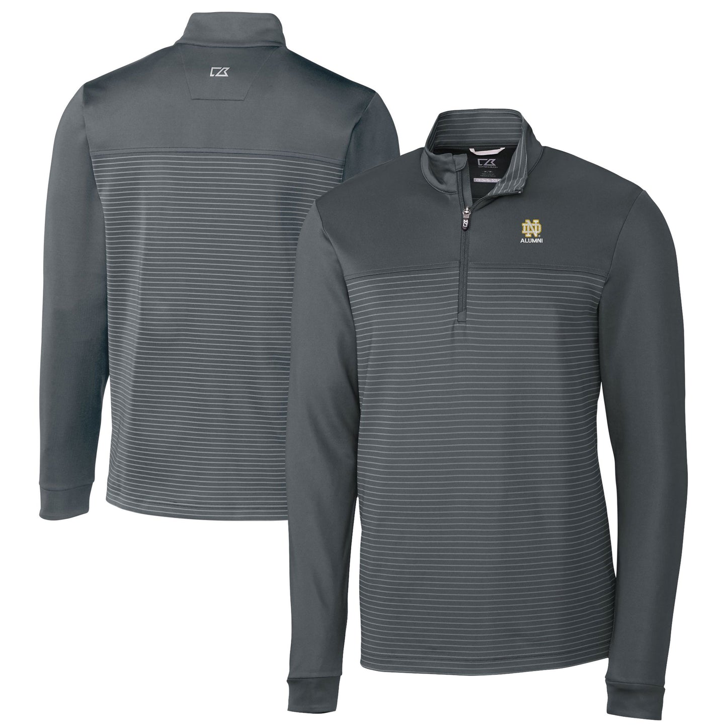 Men's Cutter & Buck Gray Notre Dame Fighting Irish Alumni Logo Traverse Stripe Stretch Quarter-Zip Pullover Top