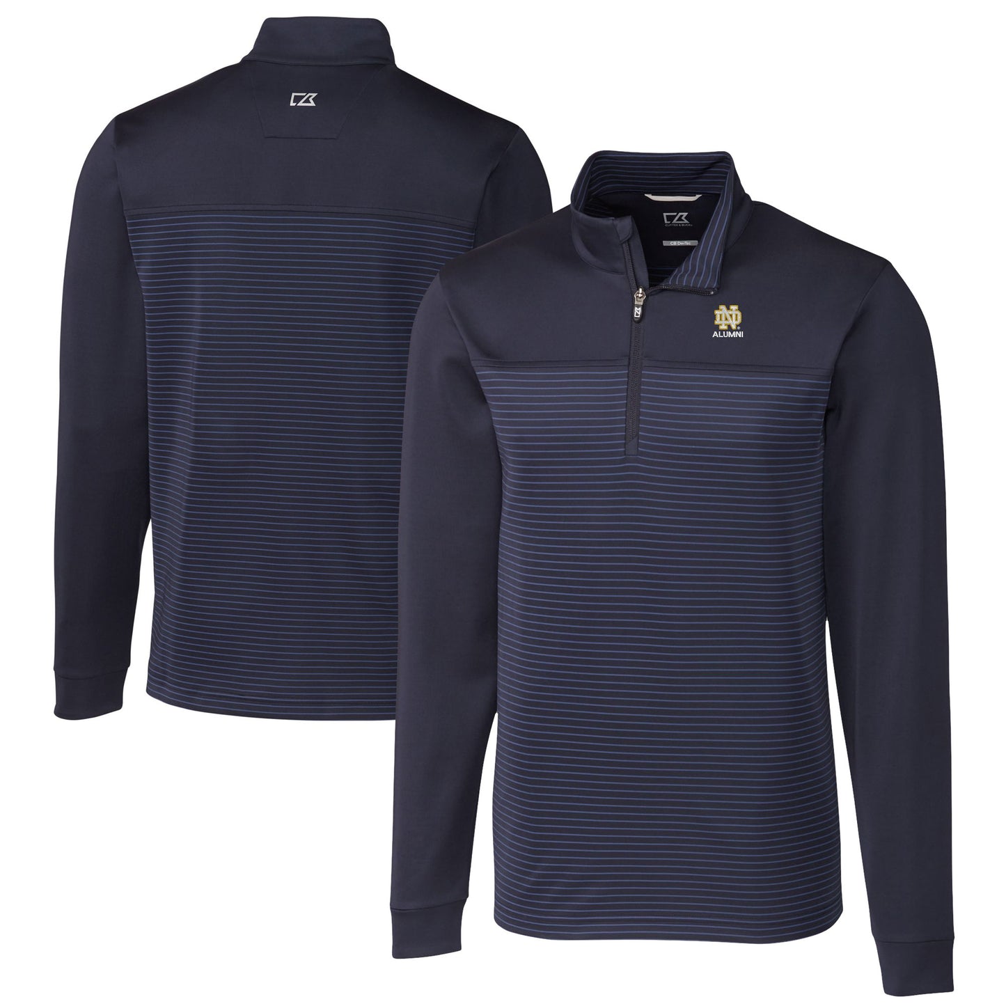 Men's Cutter & Buck Navy Notre Dame Fighting Irish Alumni Logo Traverse Stripe Stretch Quarter-Zip Pullover Top