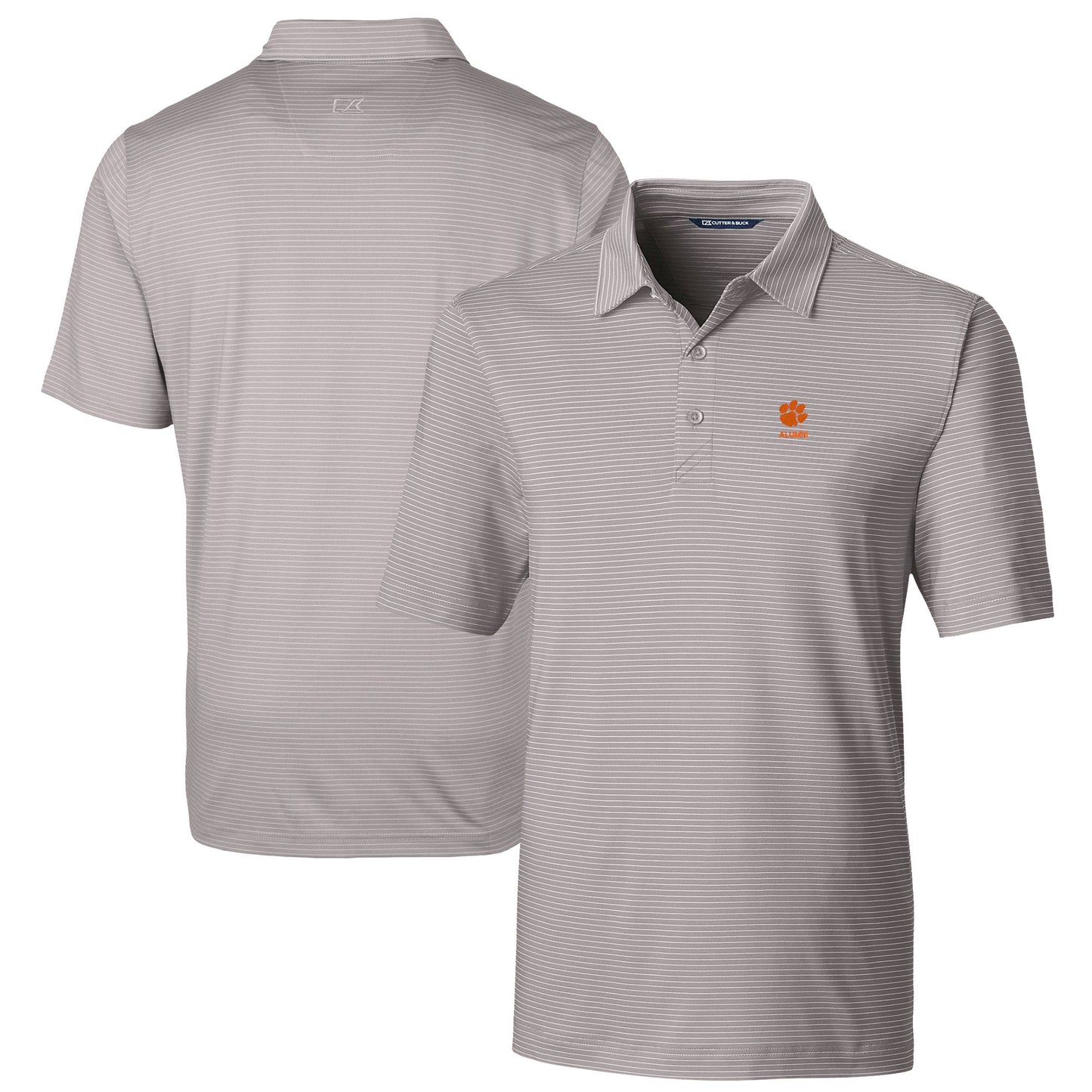 Men's Cutter & Buck Gray Clemson Tigers Alumni Logo Forge Pencil Stripe Stretch DryTec Polo