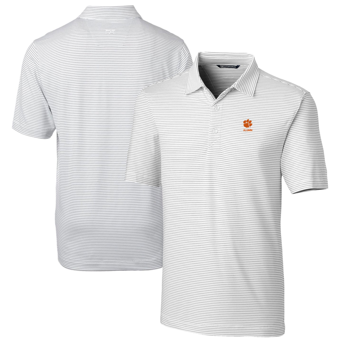 Men's Cutter & Buck White Clemson Tigers Alumni Logo Forge Pencil Stripe Stretch DryTec Polo
