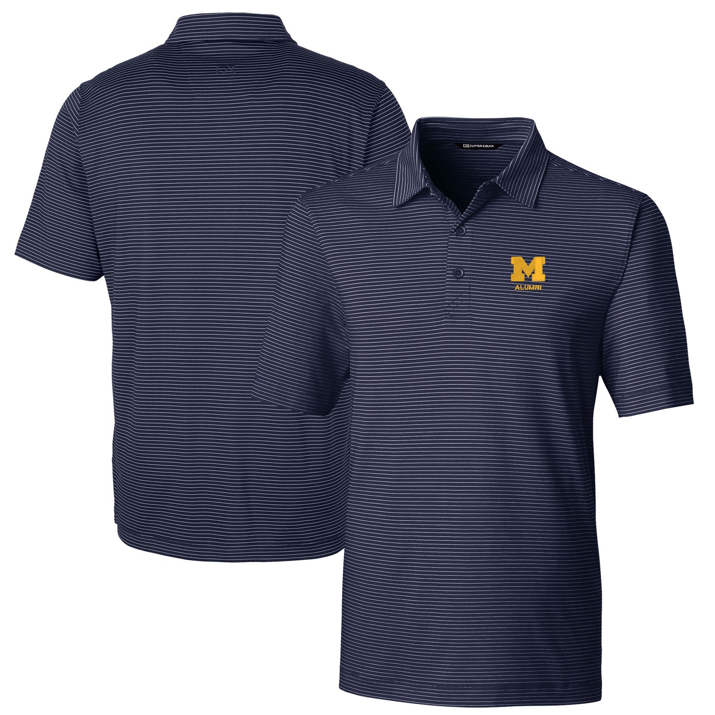 Men's Cutter & Buck Navy Michigan Wolverines Alumni Logo Forge Pencil Stripe Stretch DryTec Polo