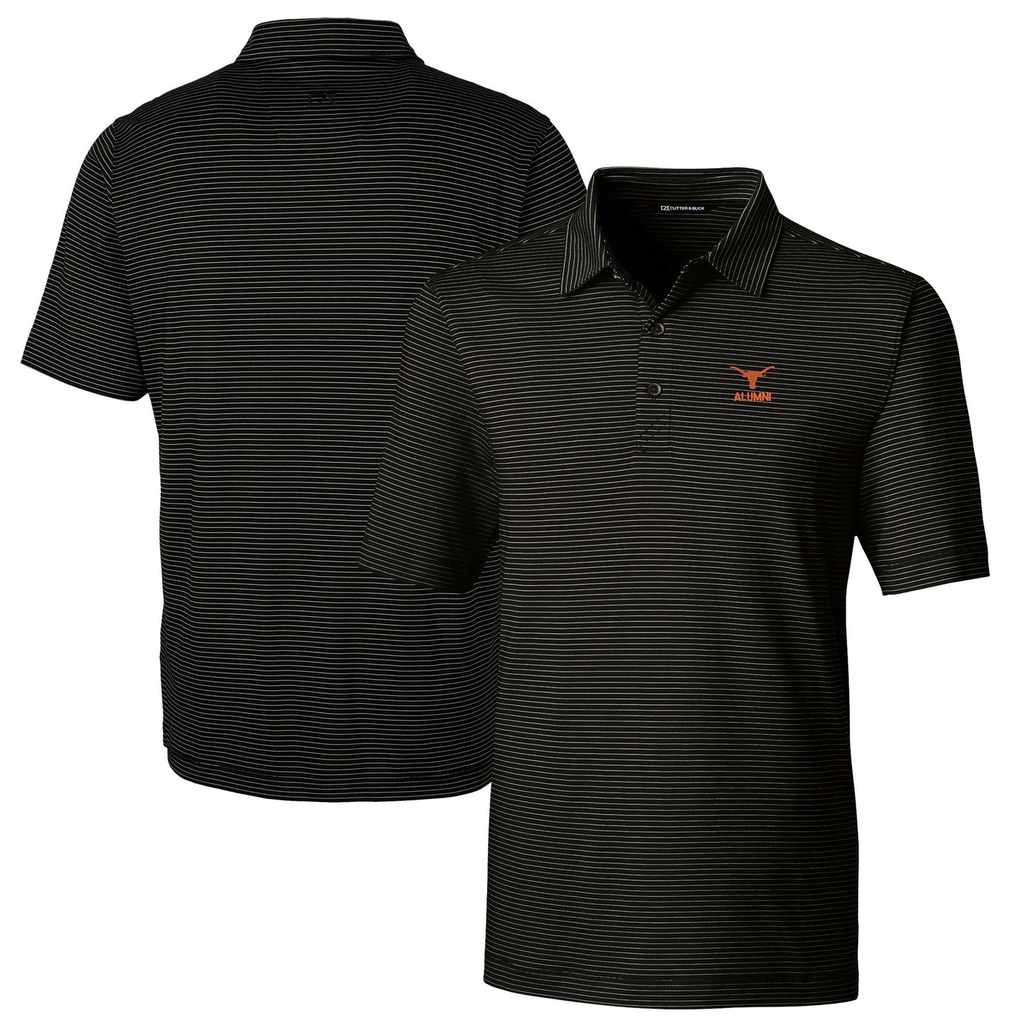 Men's Cutter & Buck Black Texas Longhorns Alumni Logo Forge Pencil Stripe Stretch DryTec Polo