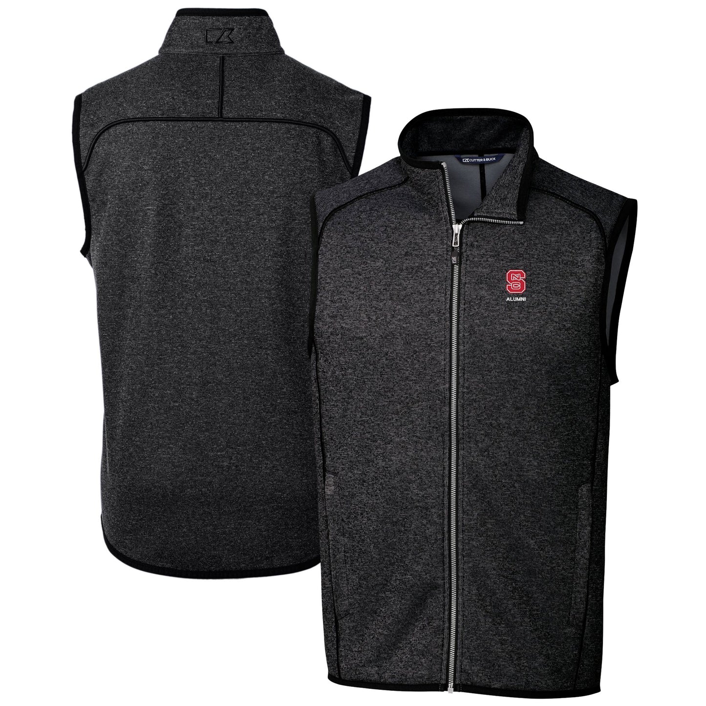 Men's Cutter & Buck Heather Charcoal NC State Wolfpack Alumni Logo Mainsail Sweater Knit Fleece Full-Zip Vest