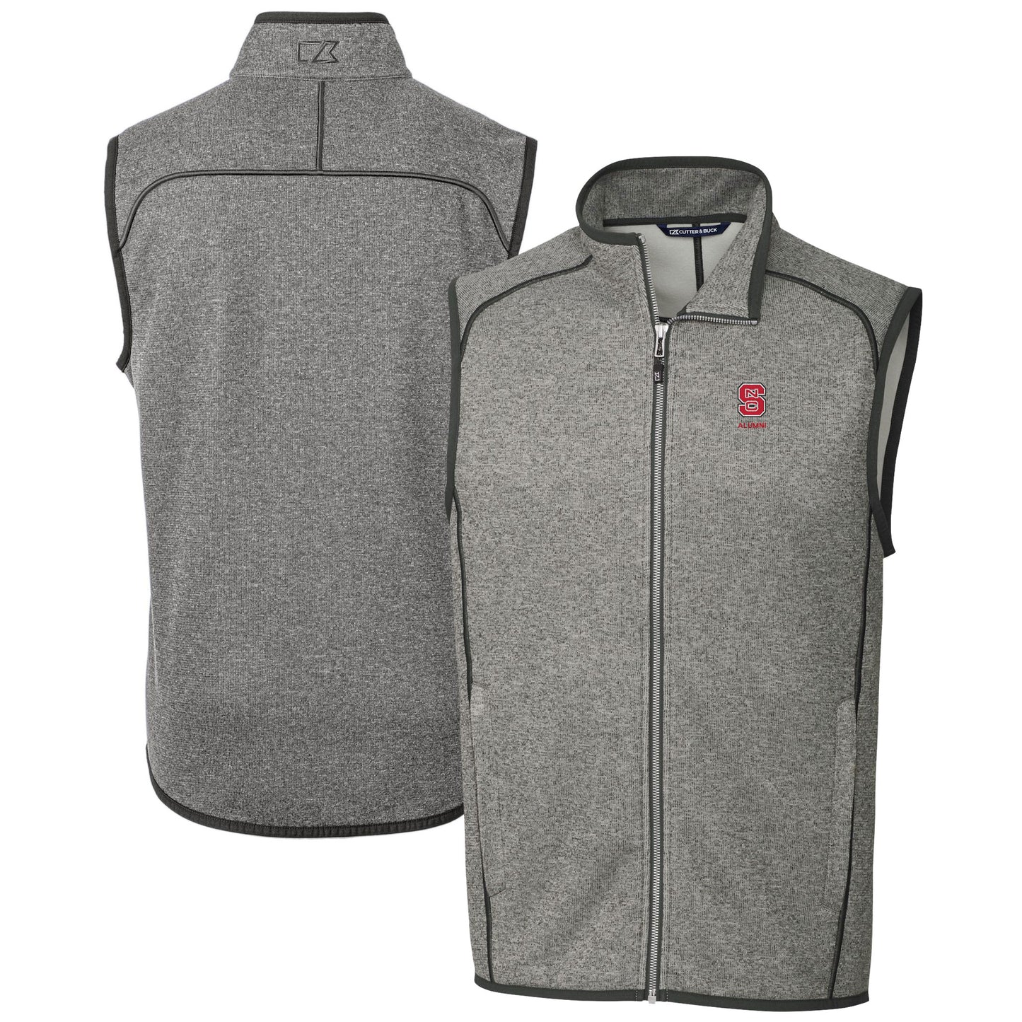 Men's Cutter & Buck Heather Gray NC State Wolfpack Alumni Logo Mainsail Sweater Knit Fleece Full-Zip Vest