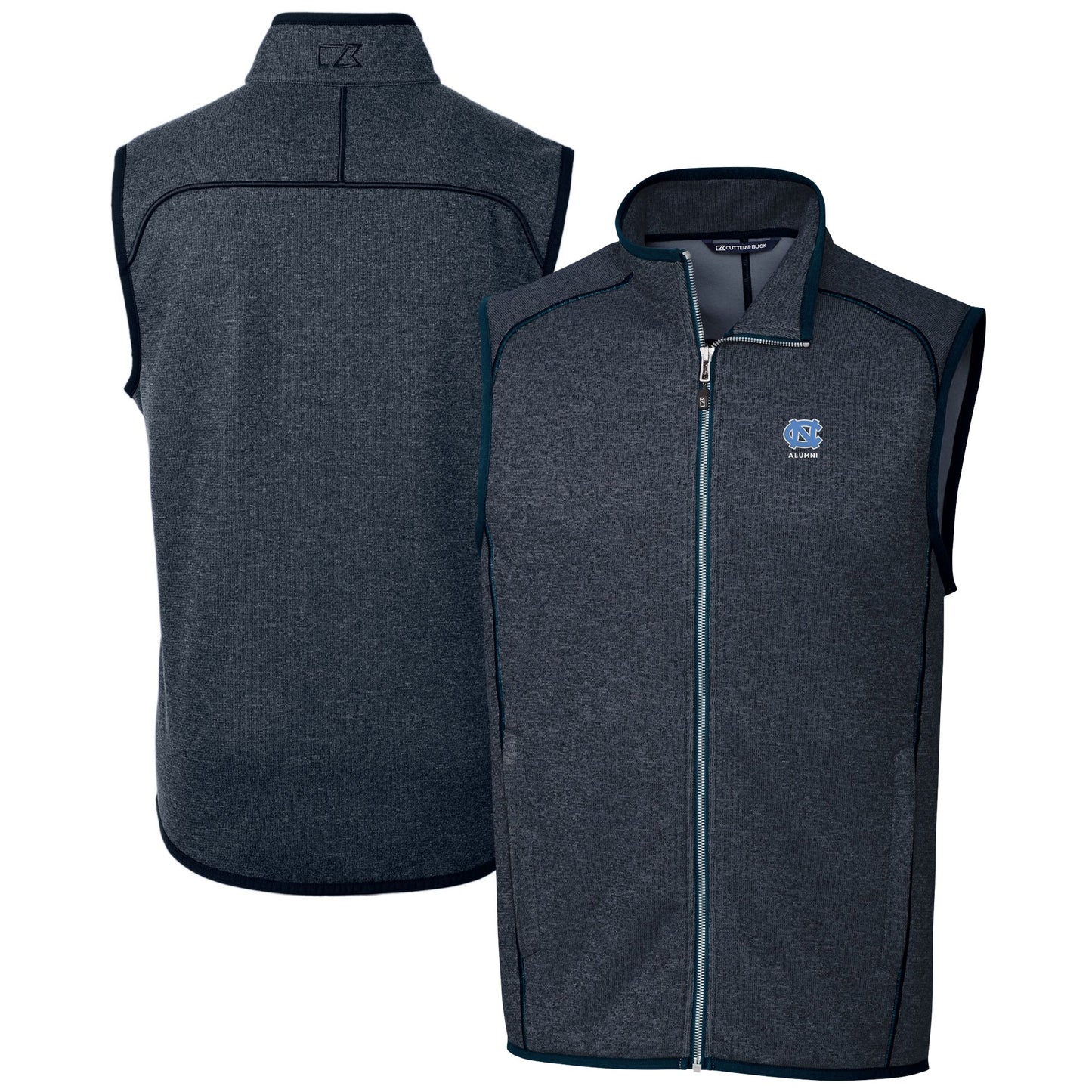 Men's Cutter & Buck Heather Navy North Carolina Tar Heels Alumni Logo Mainsail Sweater Knit Fleece Full-Zip Vest