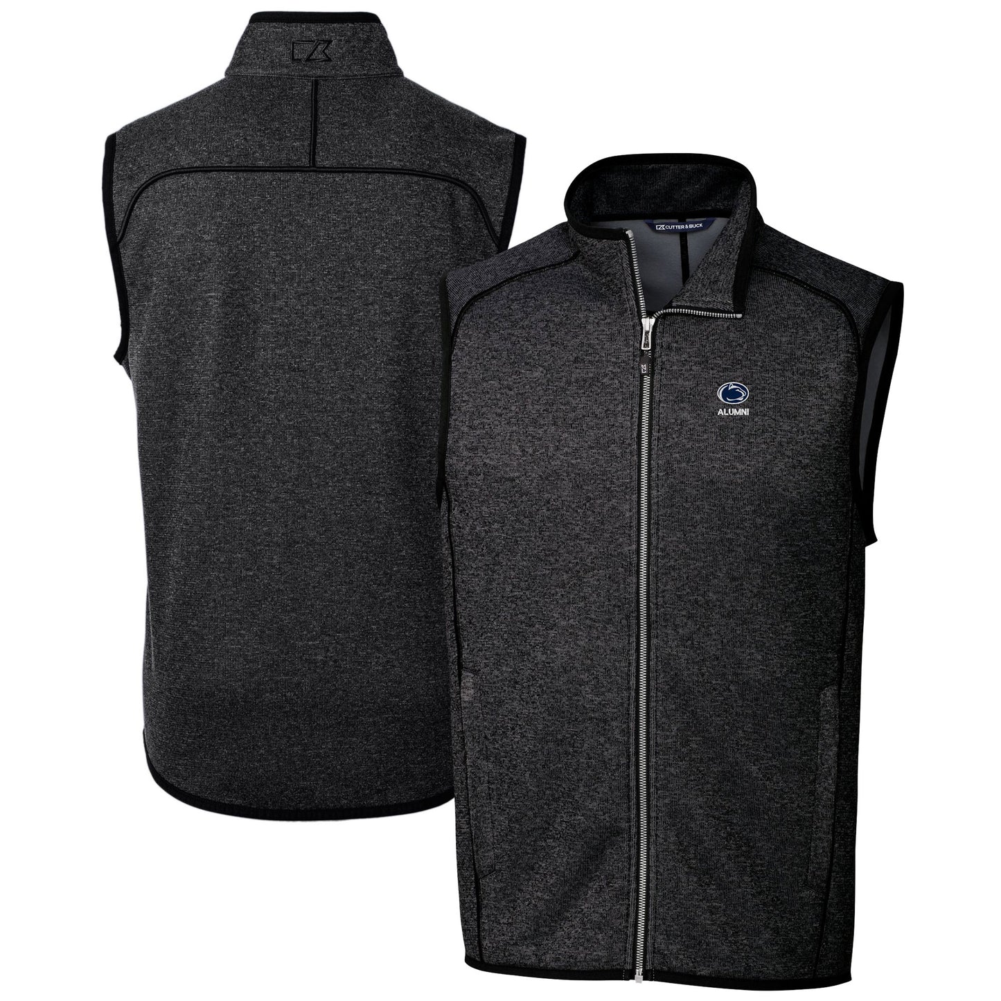 Men's Cutter & Buck Heather Charcoal Penn State Nittany Lions Alumni Logo Mainsail Sweater Knit Fleece Full-Zip Vest