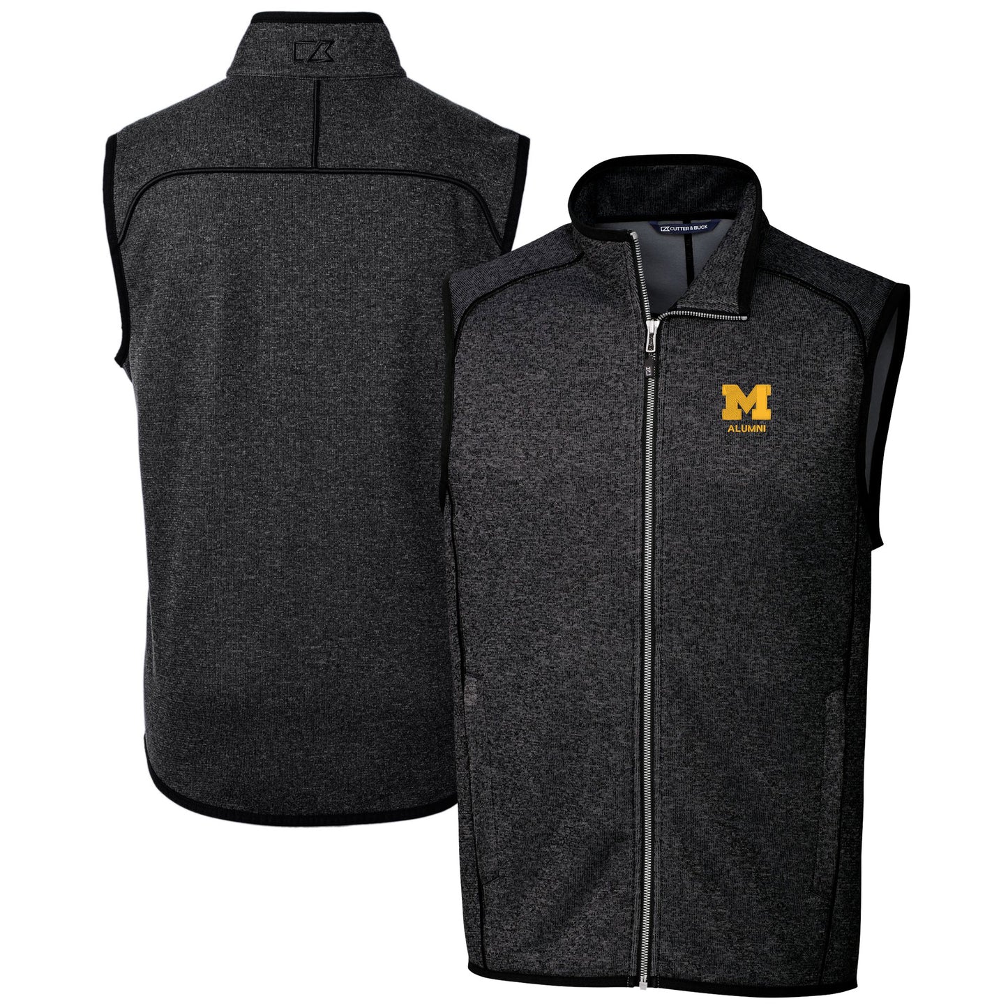 Men's Cutter & Buck Heather Charcoal Michigan Wolverines Alumni Logo Mainsail Sweater Knit Fleece Full-Zip Vest