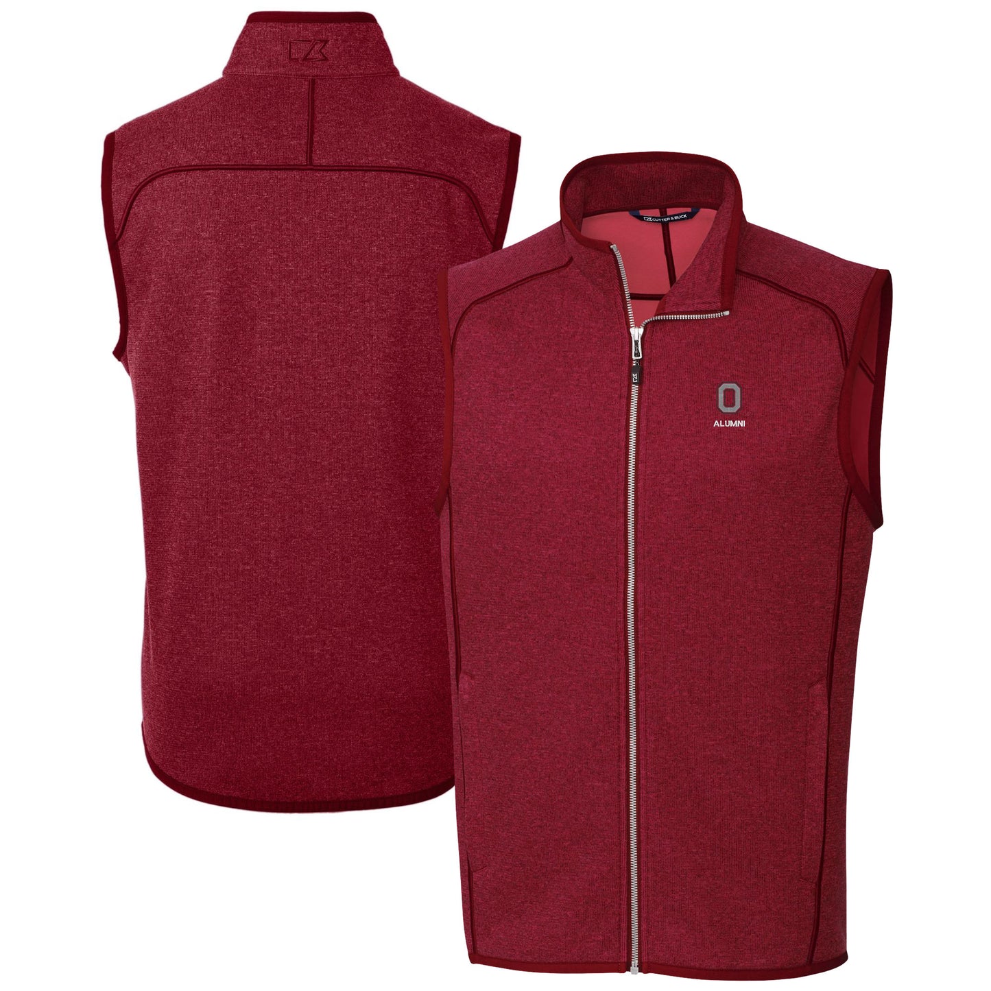 Men's Cutter & Buck Heather Scarlet Ohio State Buckeyes Alumni Logo Mainsail Sweater Knit Fleece Full-Zip Vest
