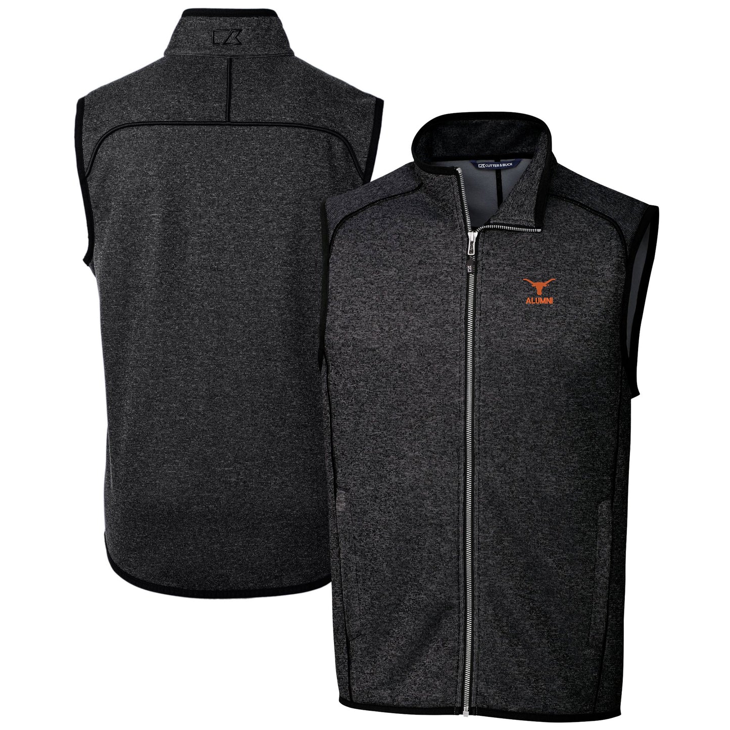 Men's Cutter & Buck Heather Charcoal Texas Longhorns Alumni Logo Mainsail Sweater Knit Fleece Full-Zip Vest