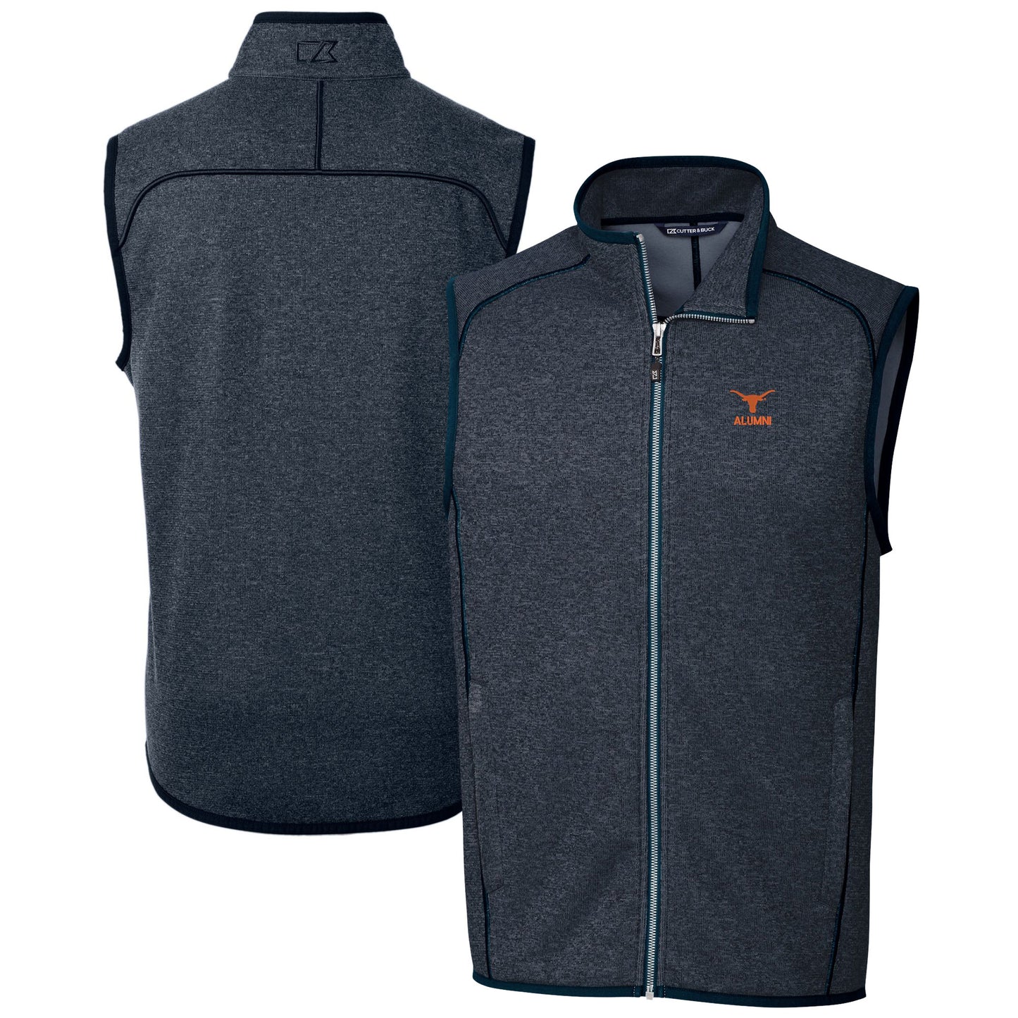 Men's Cutter & Buck Heather Navy Texas Longhorns Alumni Logo Mainsail Sweater Knit Fleece Full-Zip Vest