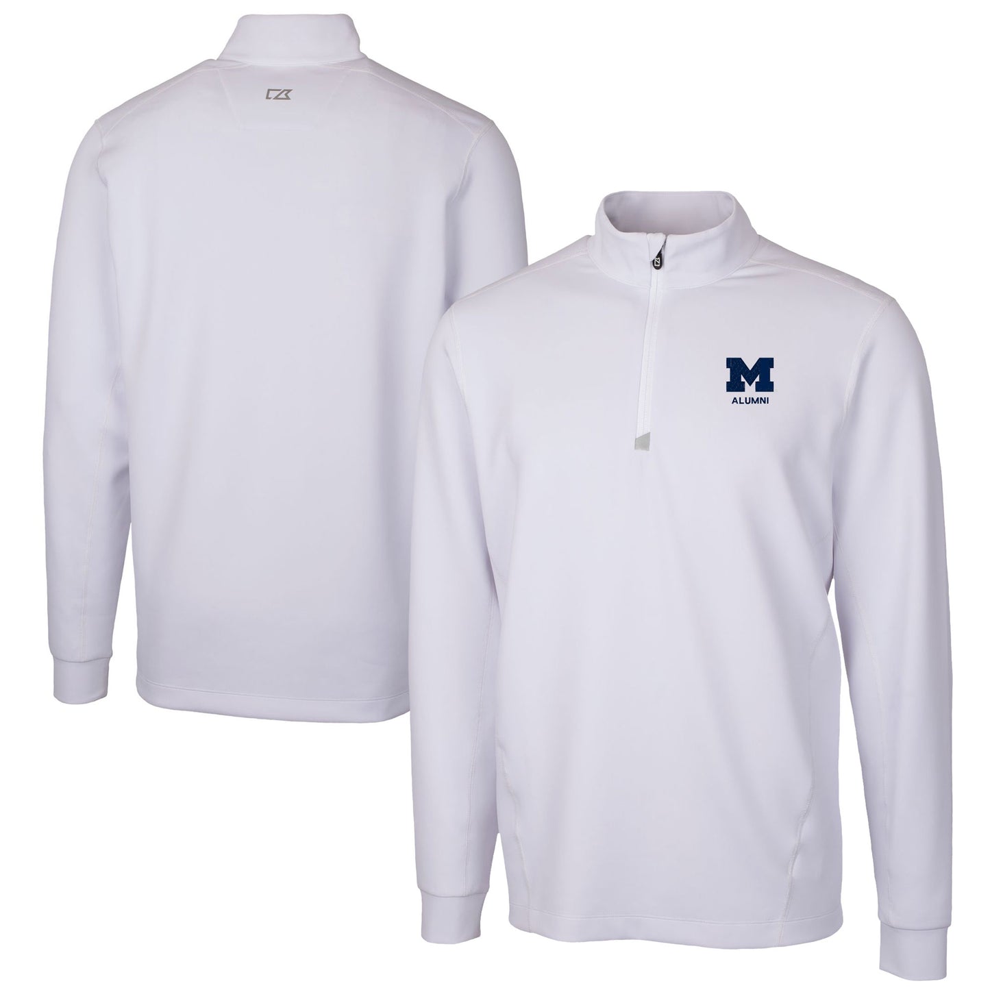 Men's Cutter & Buck White Michigan Wolverines Alumni Logo Traverse Stretch Quarter-Zip Pullover Top