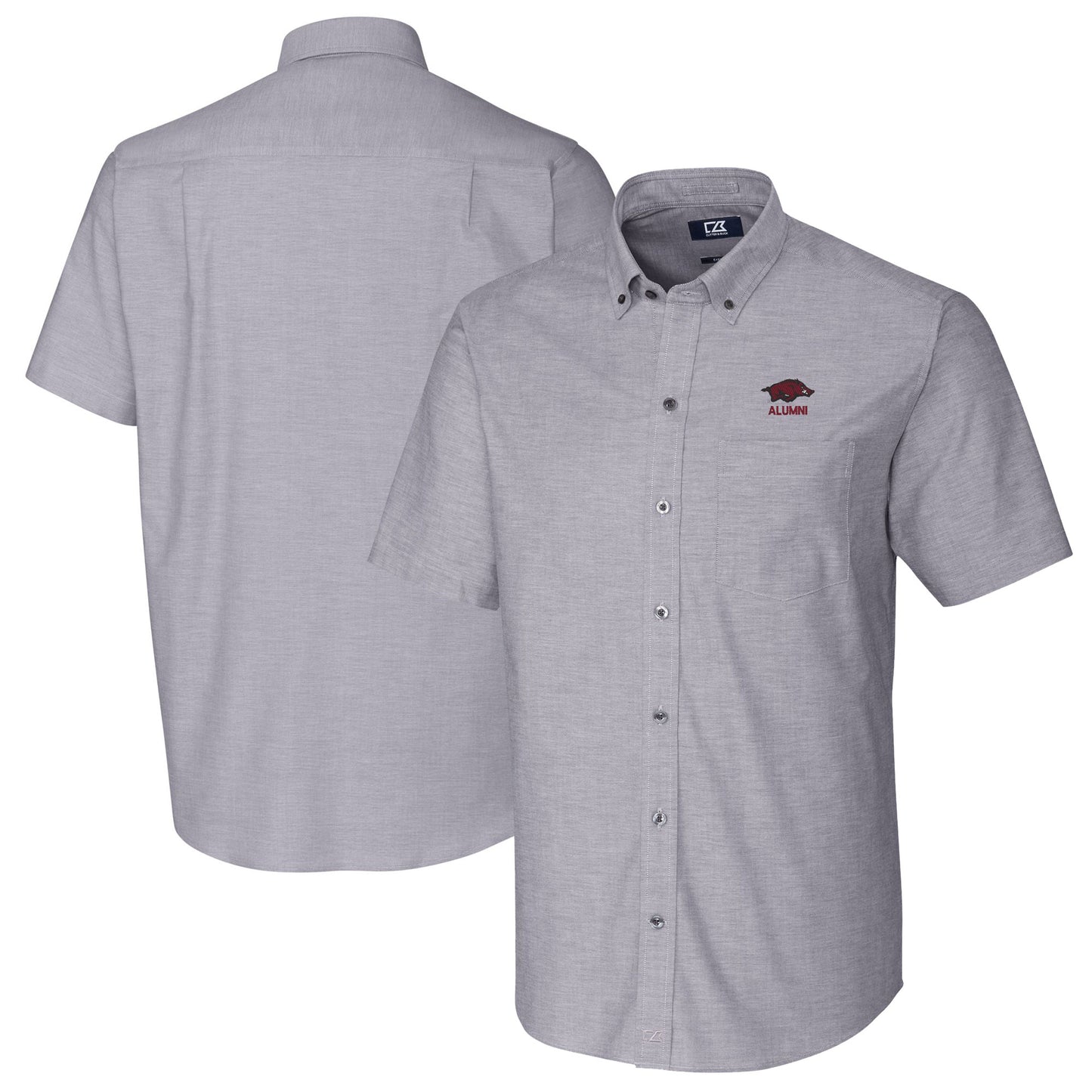 Men's Cutter & Buck Charcoal Arkansas Razorbacks Alumni Logo Stretch Oxford Short Sleeve Button-Down Shirt