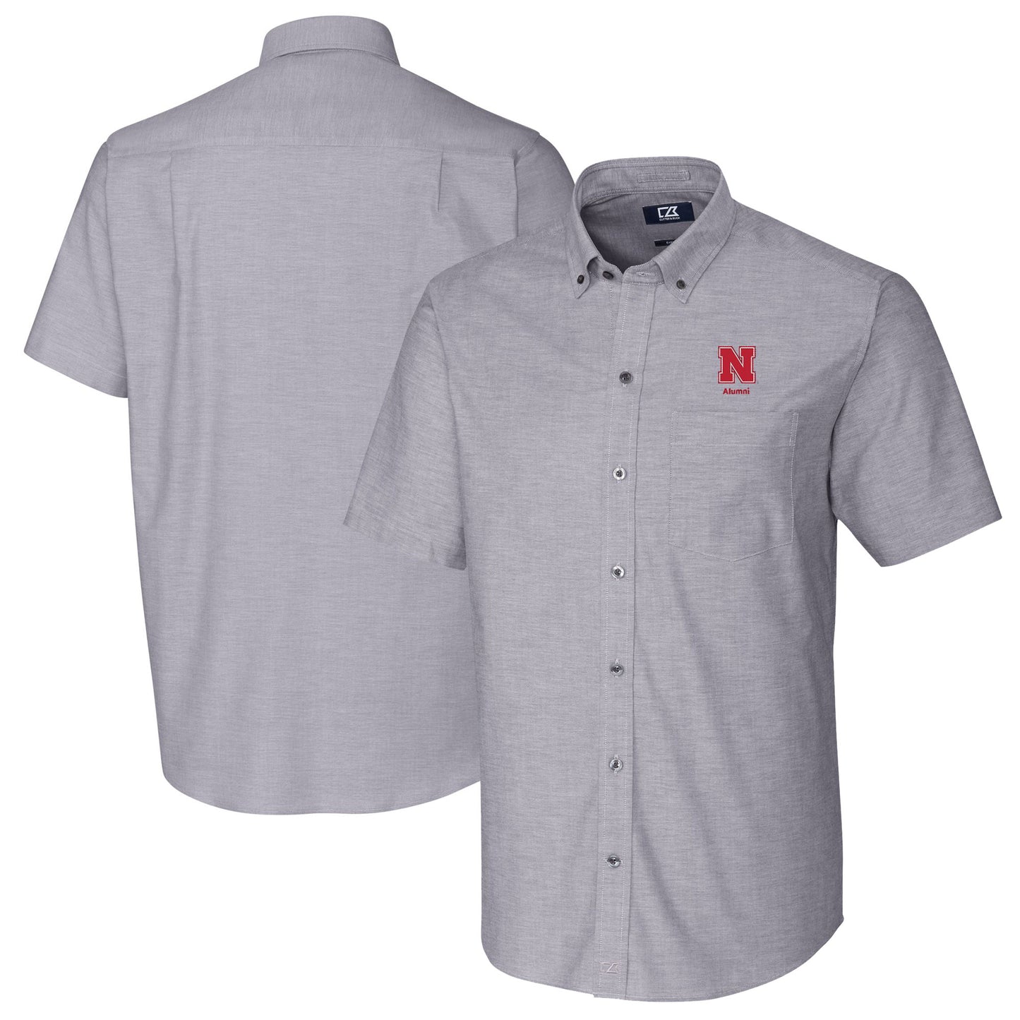 Men's Cutter & Buck Charcoal Nebraska Huskers Alumni Logo Stretch Oxford Short Sleeve Button-Down Shirt
