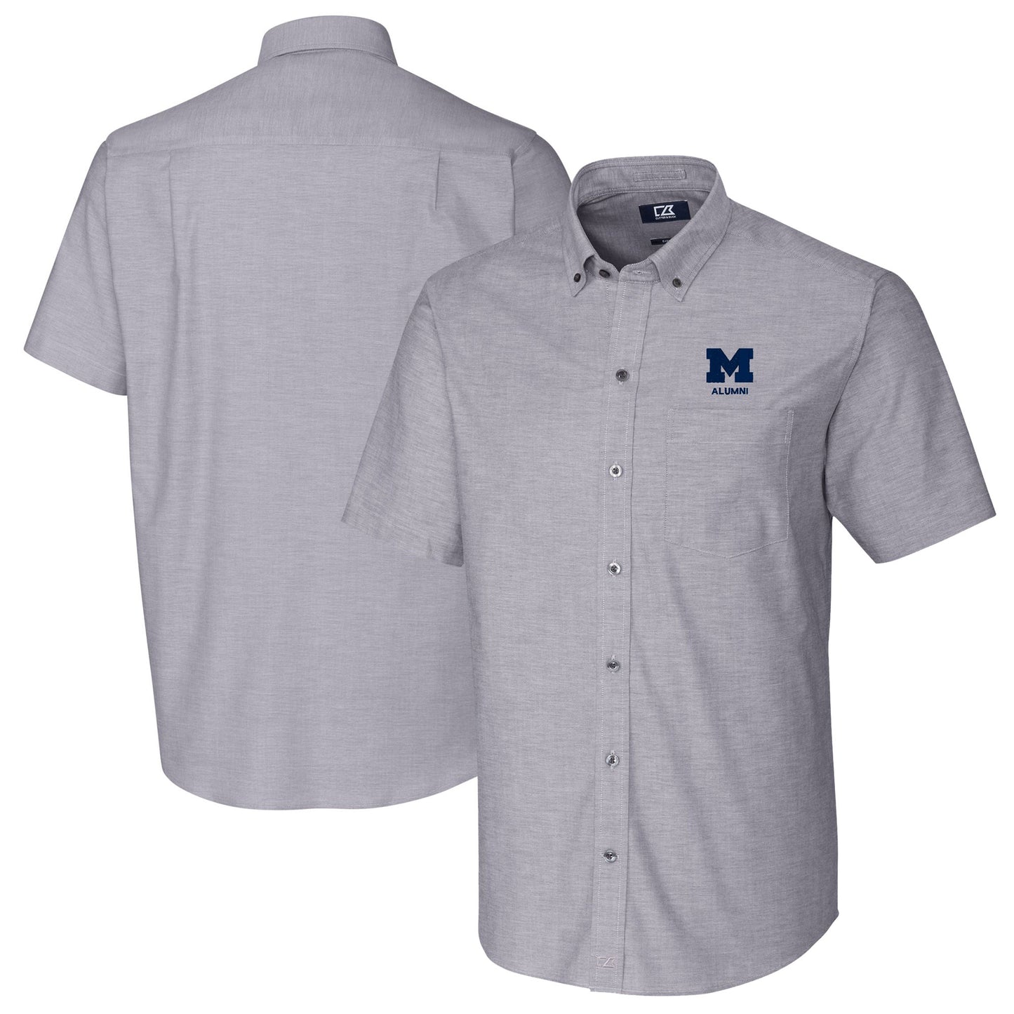 Men's Cutter & Buck Charcoal Michigan Wolverines Alumni Logo Stretch Oxford Short Sleeve Button-Down Shirt