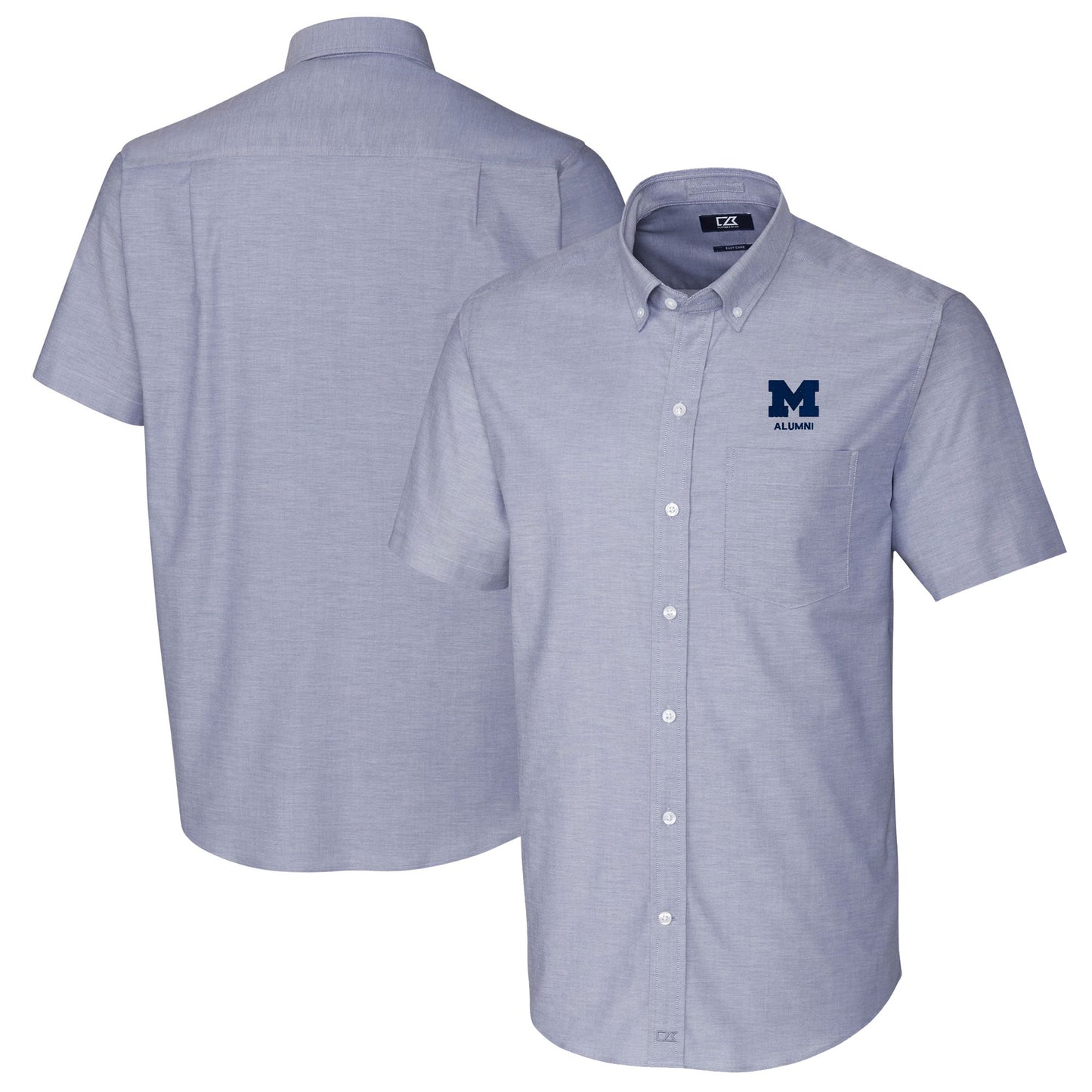 Men's Cutter & Buck Light Blue Michigan Wolverines Alumni Logo Stretch Oxford Short Sleeve Button-Down Shirt