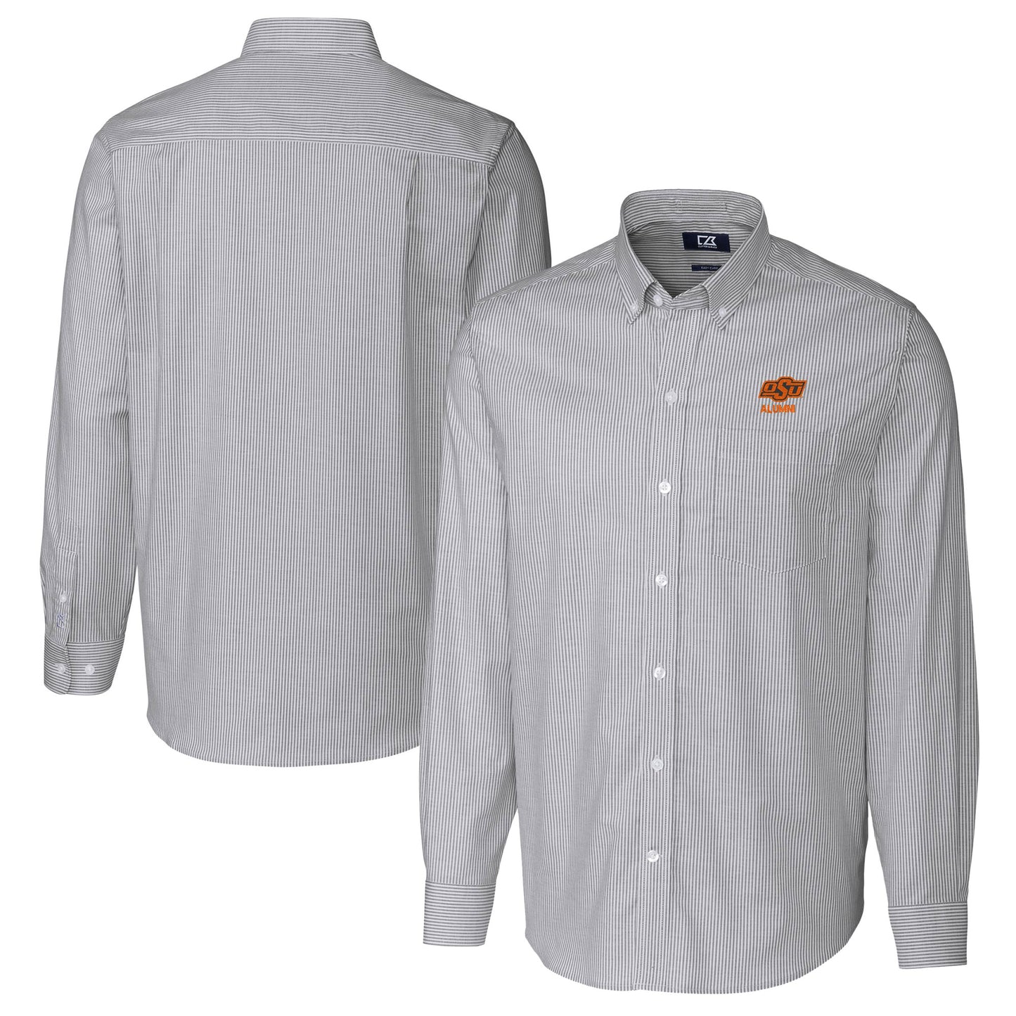 Men's Cutter & Buck Charcoal Oklahoma State Cowboys Alumni Logo Stretch Oxford Stripe Long Sleeve Button-Down Shirt