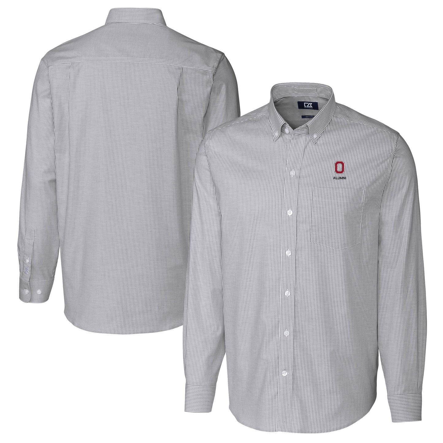 Men's Cutter & Buck Charcoal Ohio State Buckeyes Alumni Logo Stretch Oxford Stripe Long Sleeve Button-Down Shirt