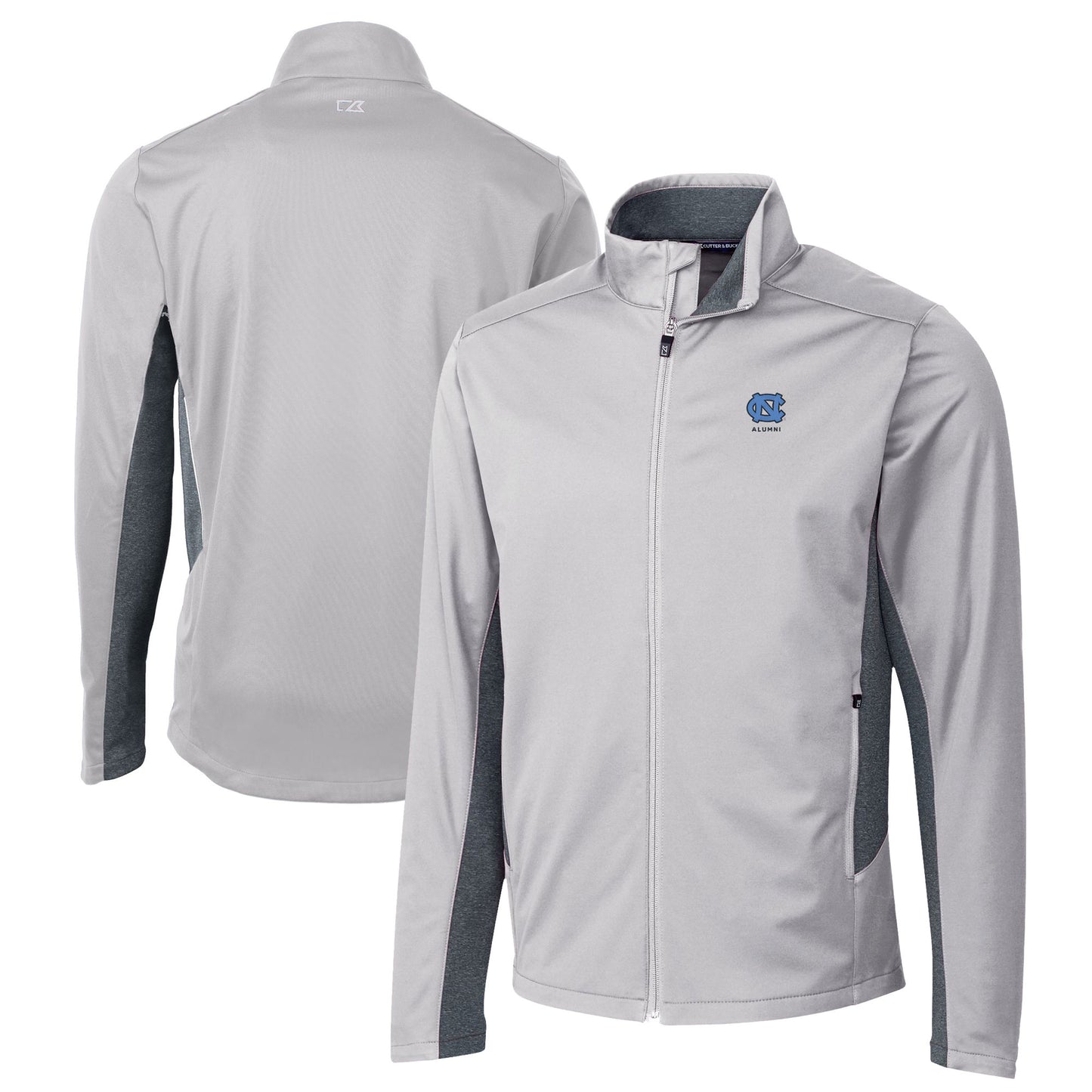 Men's Cutter & Buck Gray North Carolina Tar Heels Alumni Logo Navigate Softshell Full-Zip Jacket