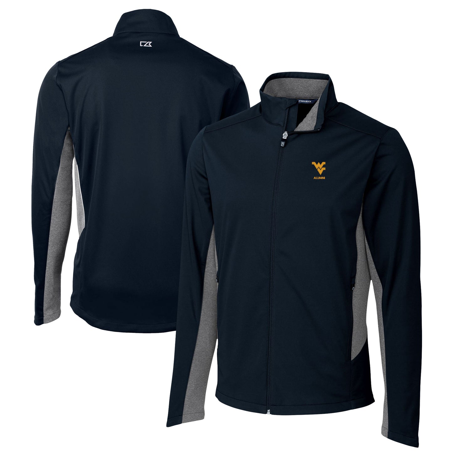 Men's Cutter & Buck Navy West Virginia Mountaineers Alumni Logo Navigate Softshell Full-Zip Jacket