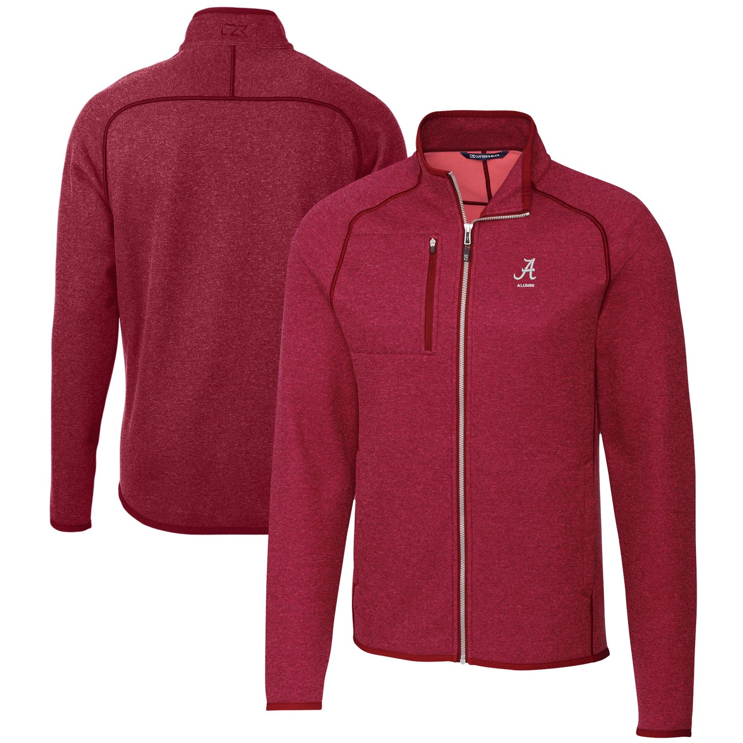 Men's Cutter & Buck Heather Crimson Alabama Crimson Tide Alumni Logo Mainsail Sweater-Knit Full-Zip Jacket