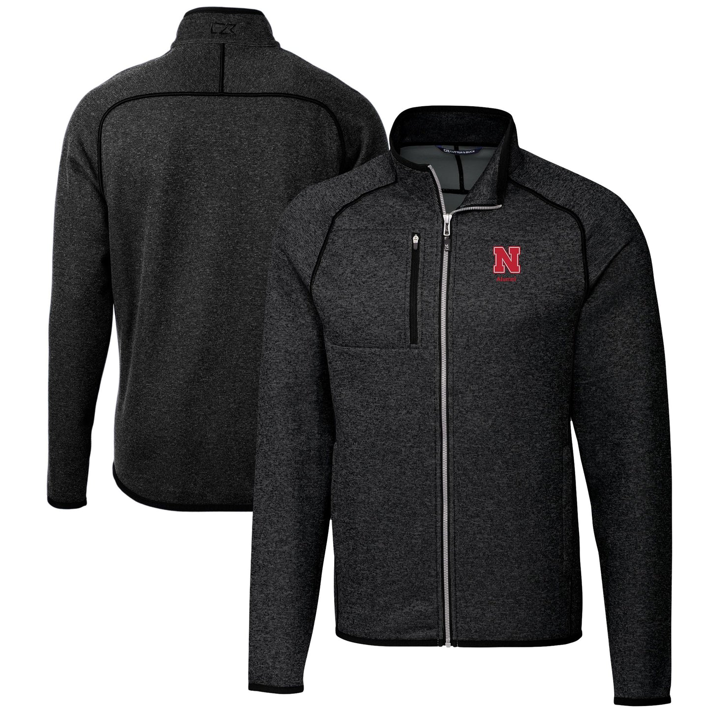 Men's Cutter & Buck Heather Charcoal Nebraska Huskers Alumni Logo Mainsail Sweater-Knit Full-Zip Jacket
