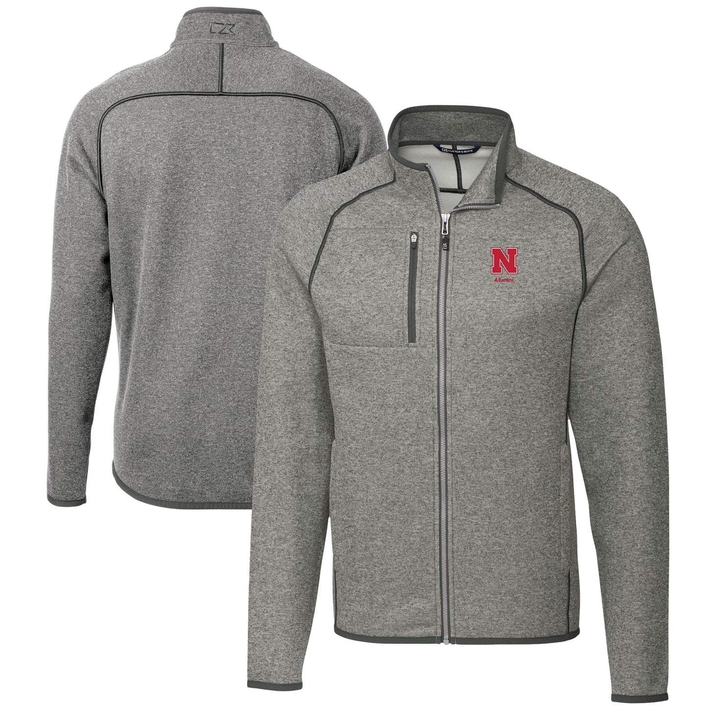 Men's Cutter & Buck Heather Gray Nebraska Huskers Alumni Logo Mainsail Sweater-Knit Full-Zip Jacket