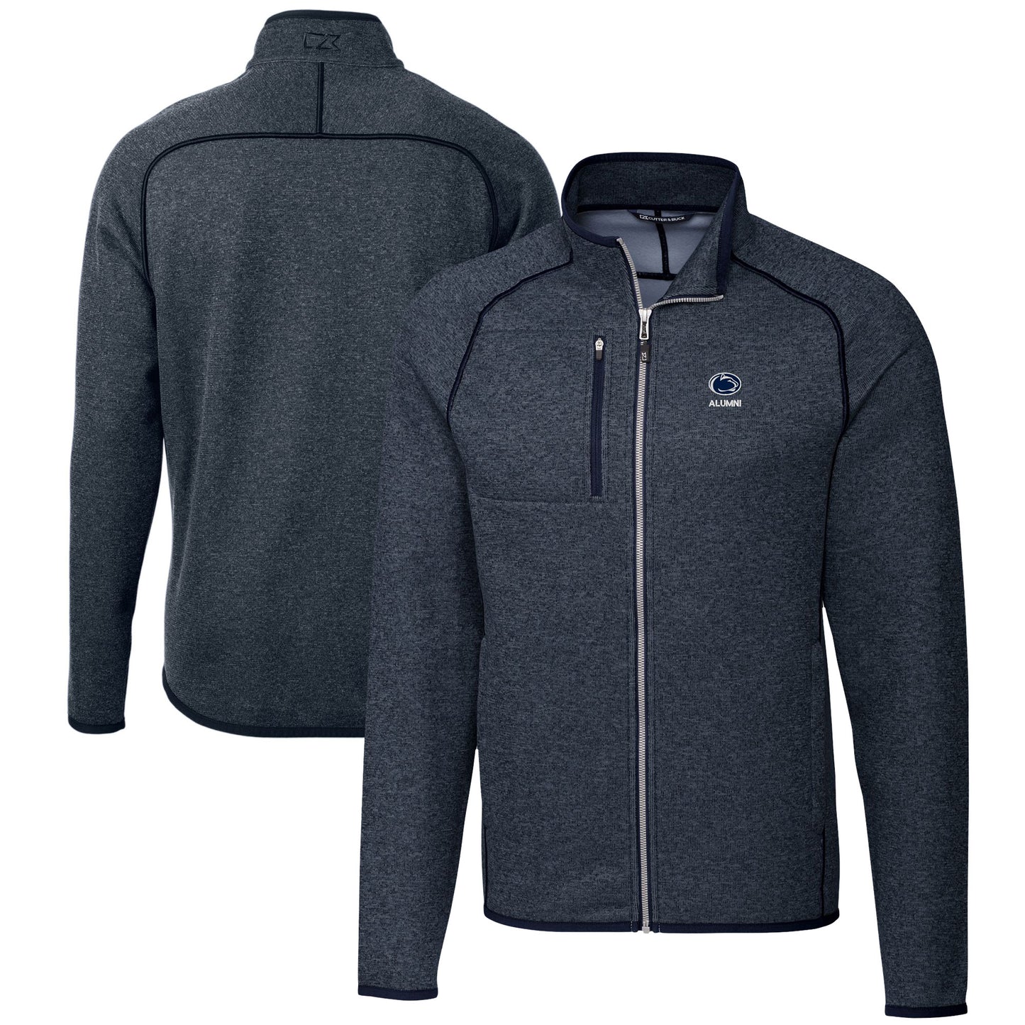 Men's Cutter & Buck Heather Navy Penn State Nittany Lions Alumni Logo Mainsail Sweater-Knit Full-Zip Jacket