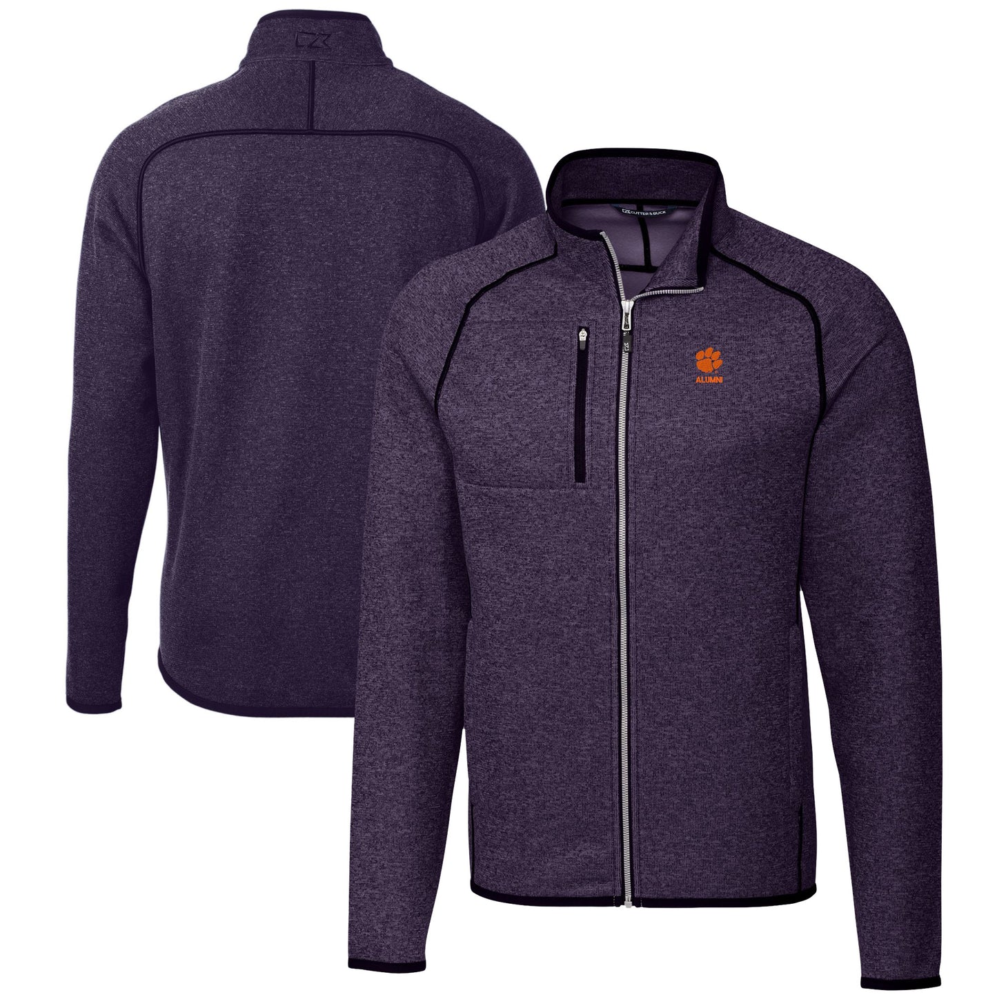Men's Cutter & Buck Heather Purple Clemson Tigers Alumni Logo Mainsail Sweater-Knit Full-Zip Jacket