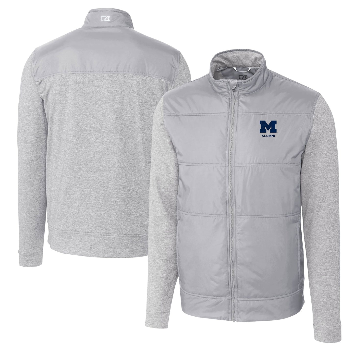 Men's Cutter & Buck Gray Michigan Wolverines Alumni Logo Stealth Hybrid Quilted Full-Zip Windbreaker Jacket