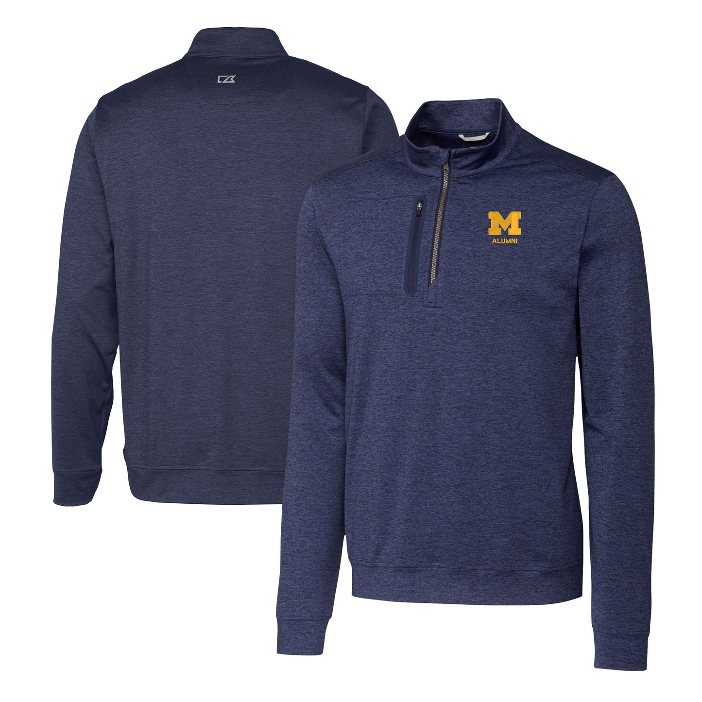 Men's Cutter & Buck Navy Michigan Wolverines Alumni Logo Stealth Heathered Quarter-Zip Pullover Top