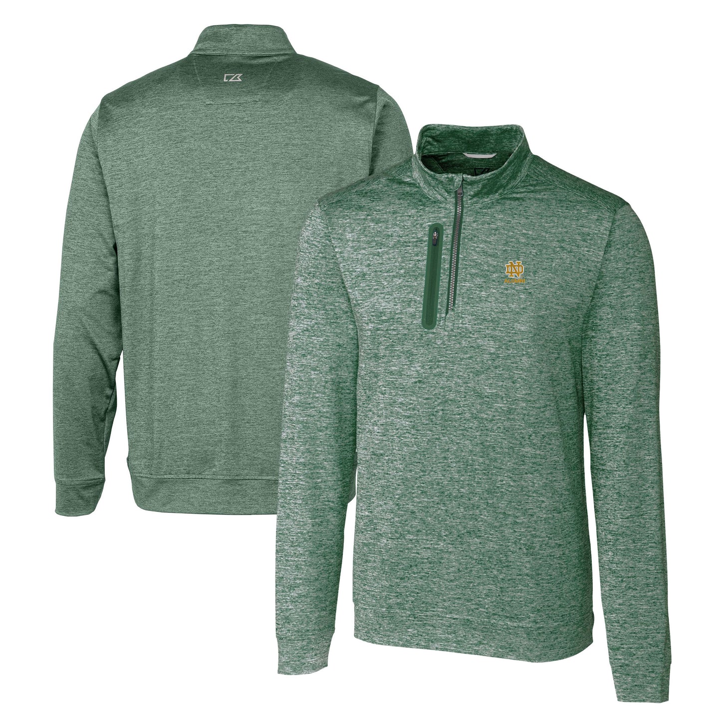 Men's Cutter & Buck Green Notre Dame Fighting Irish Alumni Logo Stealth Heathered Quarter-Zip Pullover Top
