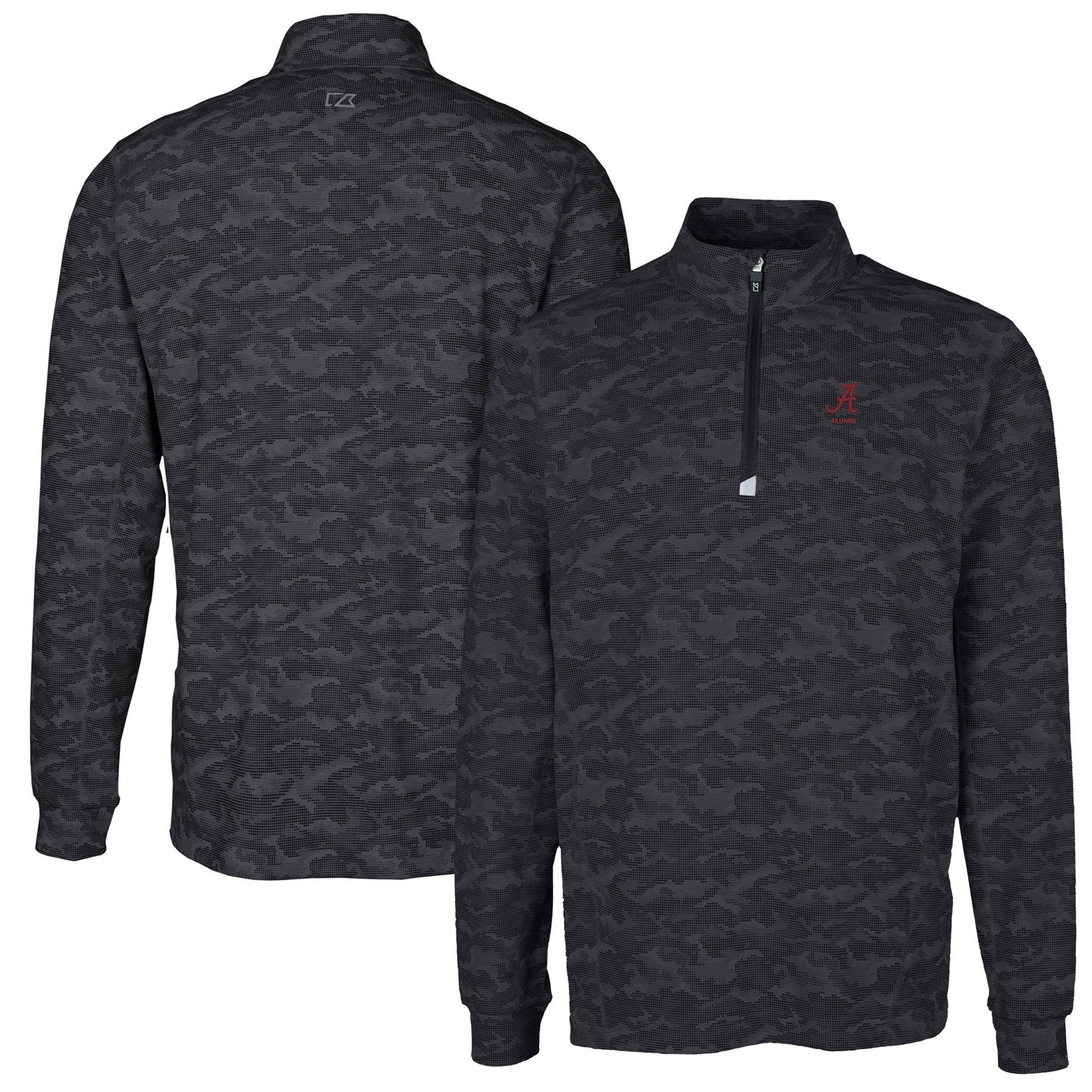 Men's Cutter & Buck Black Alabama Crimson Tide Alumni Logo Traverse Camo Print Stretch Quarter-Zip Pullover Top