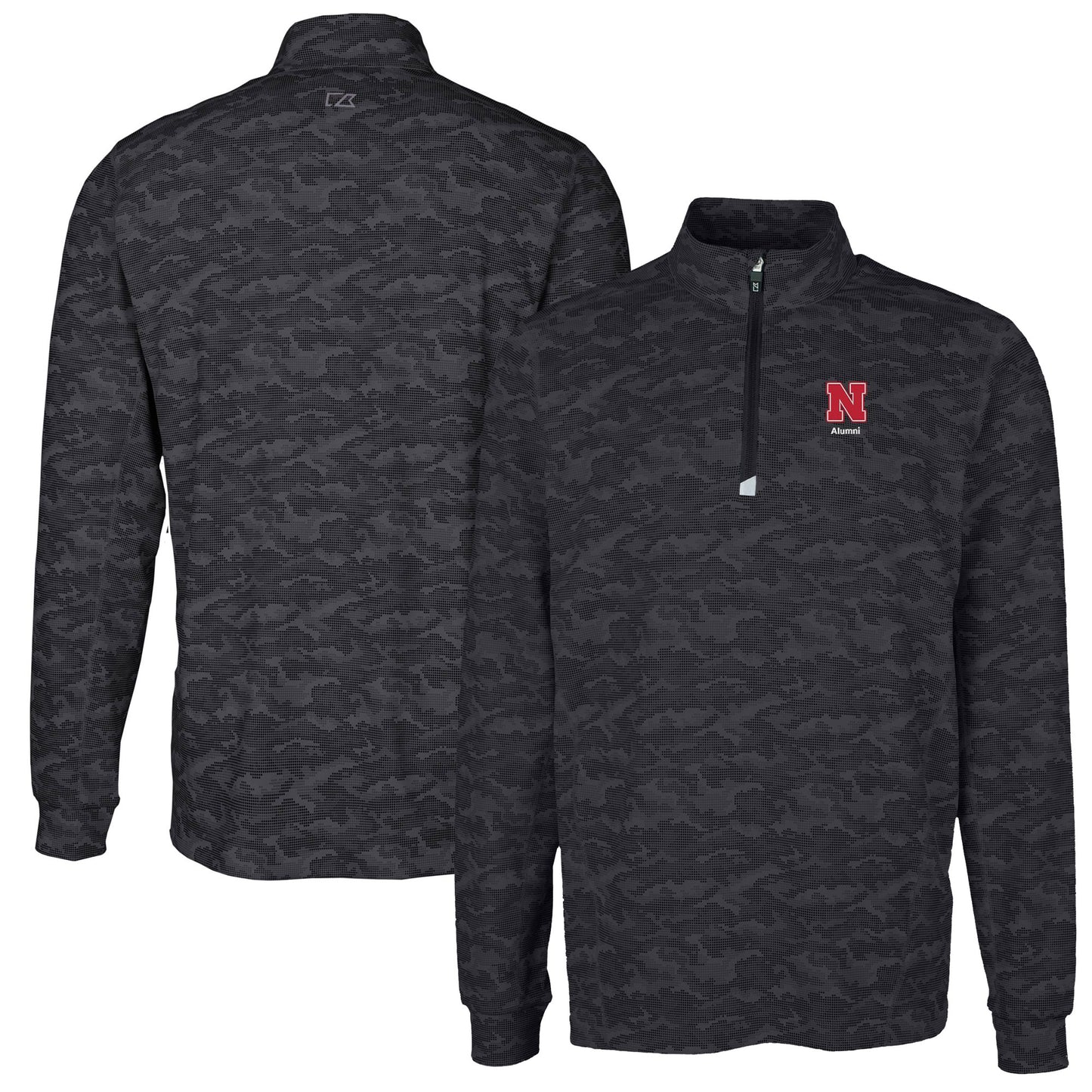 Men's Cutter & Buck Black Nebraska Huskers Alumni Logo Traverse Camo Print Stretch Quarter-Zip Pullover Top