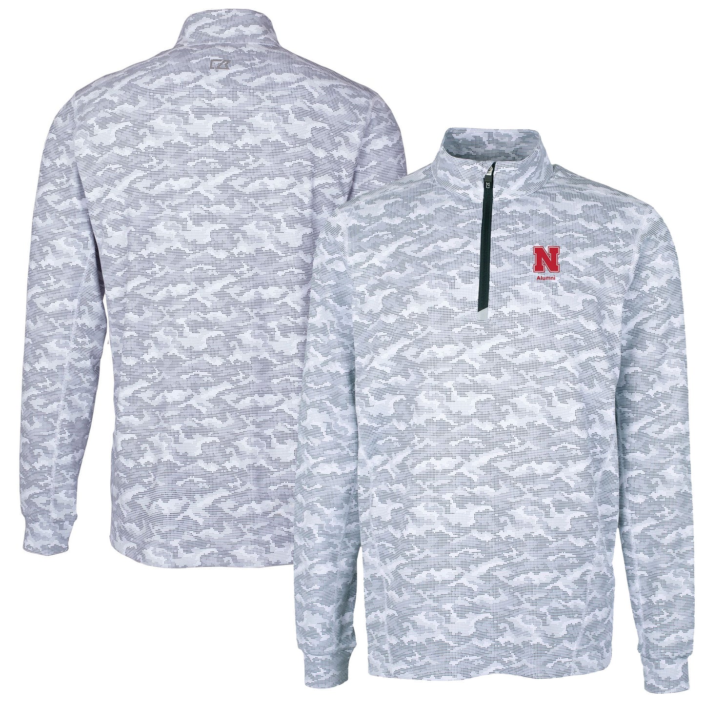 Men's Cutter & Buck Charcoal Nebraska Huskers Alumni Logo Traverse Camo Print Stretch Quarter-Zip Pullover Top