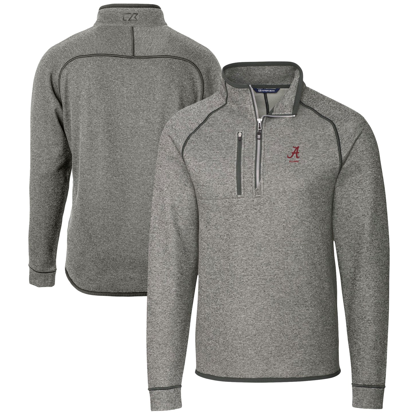 Men's Cutter & Buck Heather Gray Alabama Crimson Tide Alumni Logo Mainsail Sweater-Knit Half-Zip Pullover Jacket