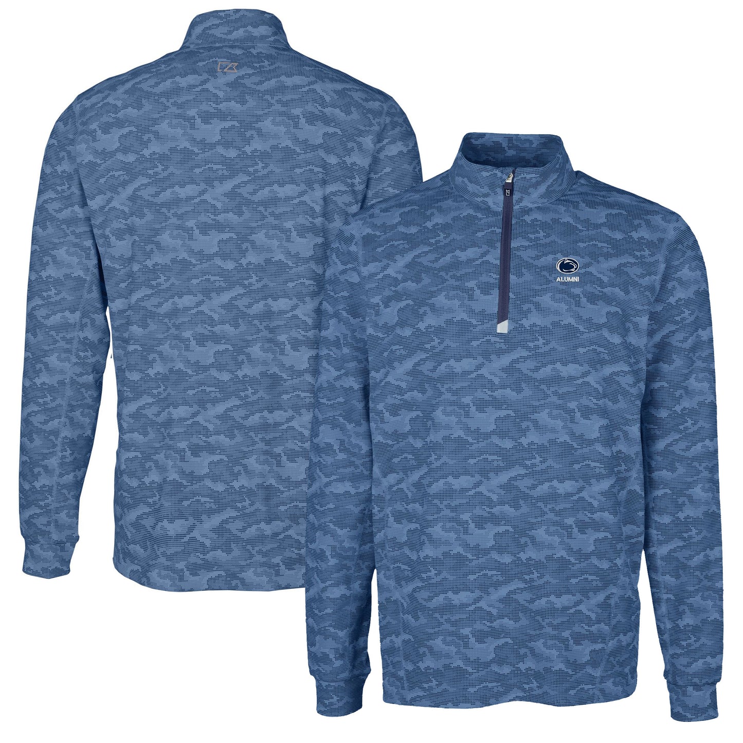Men's Cutter & Buck Navy Penn State Nittany Lions Alumni Logo Traverse Camo Print Stretch Quarter-Zip Pullover Top