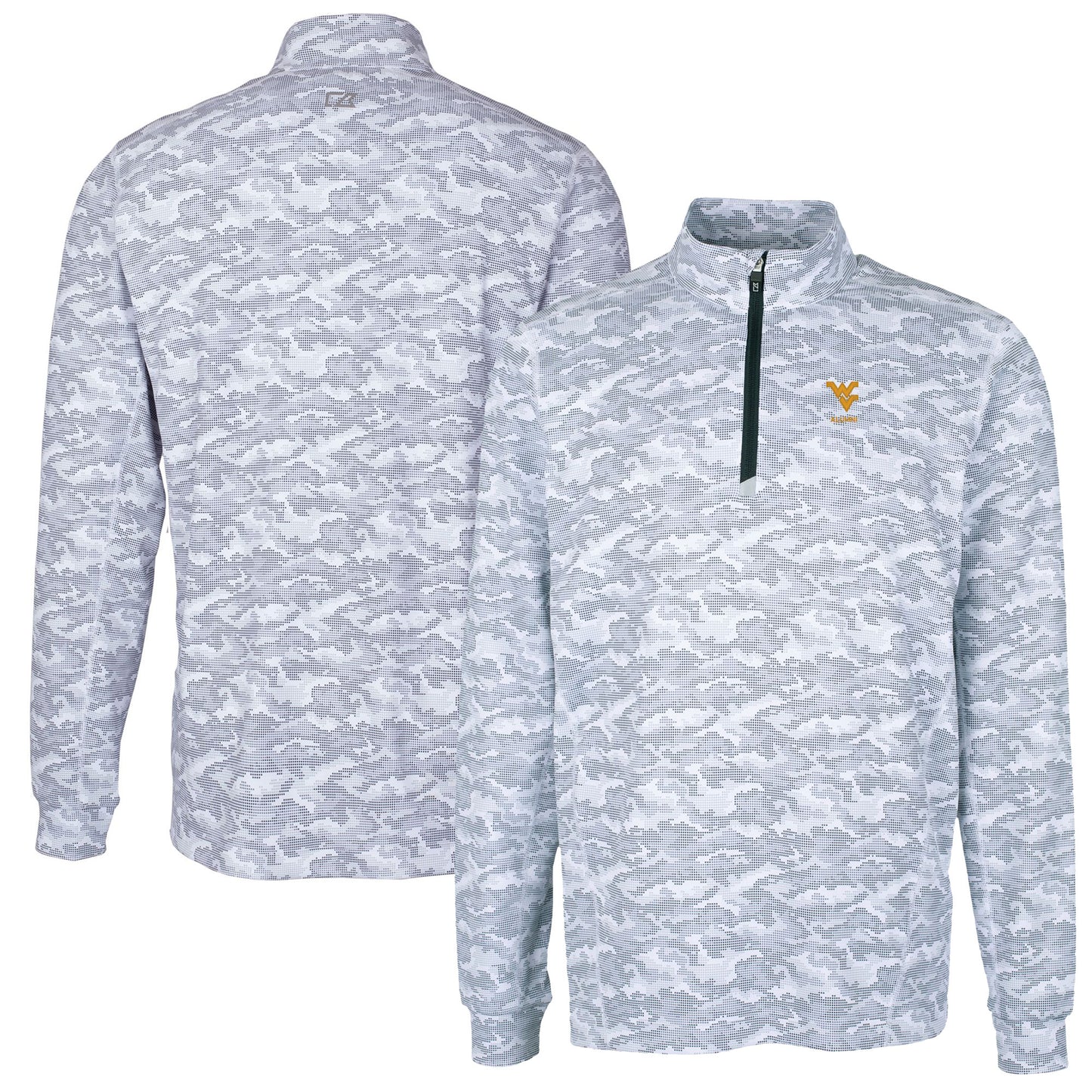 Men's Cutter & Buck Charcoal West Virginia Mountaineers Alumni Logo Traverse Camo Print Stretch Quarter-Zip Pullover Top