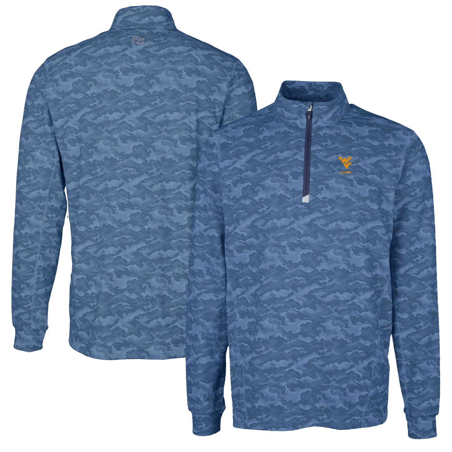 Men's Cutter & Buck Navy West Virginia Mountaineers Alumni Logo Traverse Camo Print Stretch Quarter-Zip Pullover Top