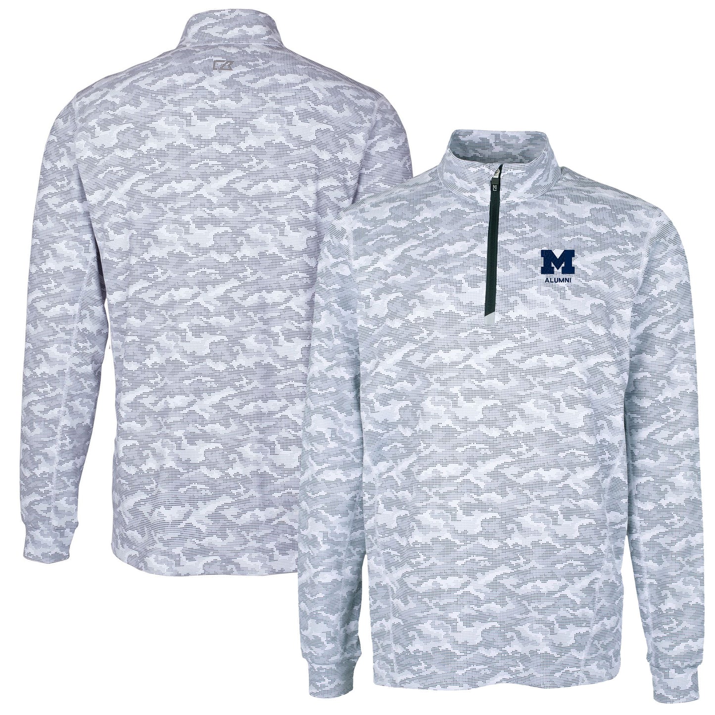 Men's Cutter & Buck Charcoal Michigan Wolverines Alumni Logo Traverse Camo Print Stretch Quarter-Zip Pullover Top