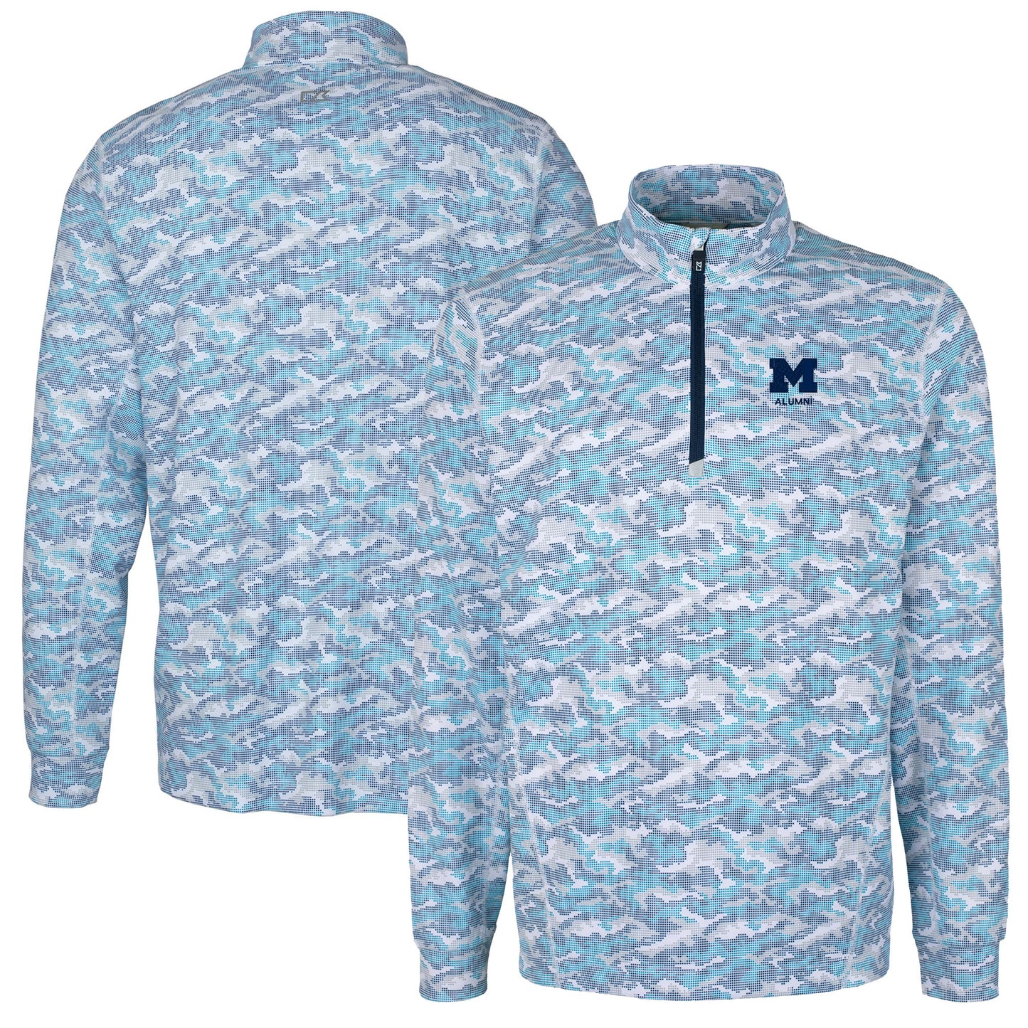 Men's Cutter & Buck Navy Michigan Wolverines Alumni Logo Traverse Camo Print Stretch Quarter-Zip Pullover Top