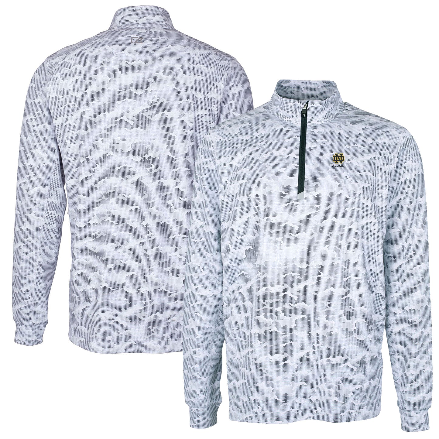 Men's Cutter & Buck Charcoal Notre Dame Fighting Irish Alumni Logo Traverse Camo Print Stretch Quarter-Zip Pullover Top