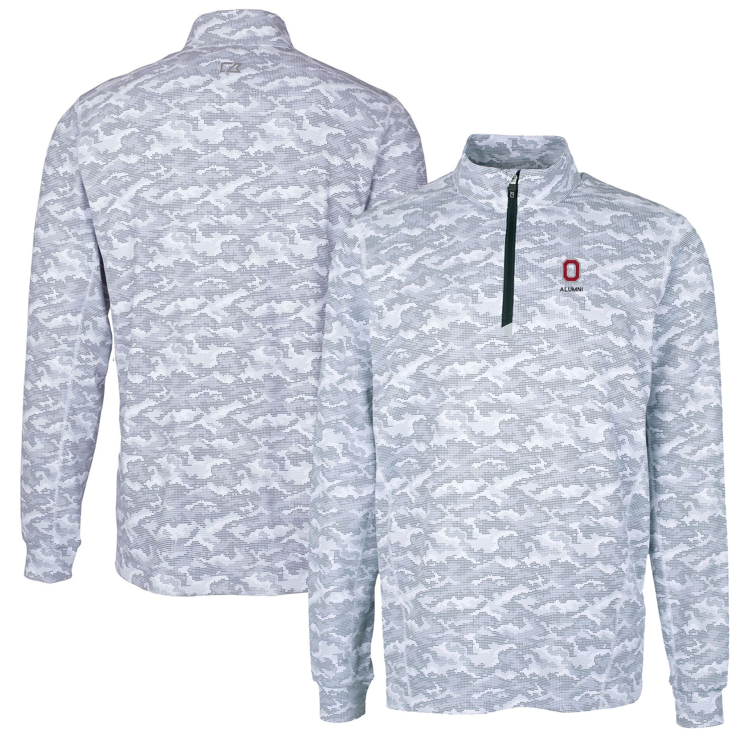 Men's Cutter & Buck Charcoal Ohio State Buckeyes Alumni Logo Traverse Camo Print Stretch Quarter-Zip Pullover Top