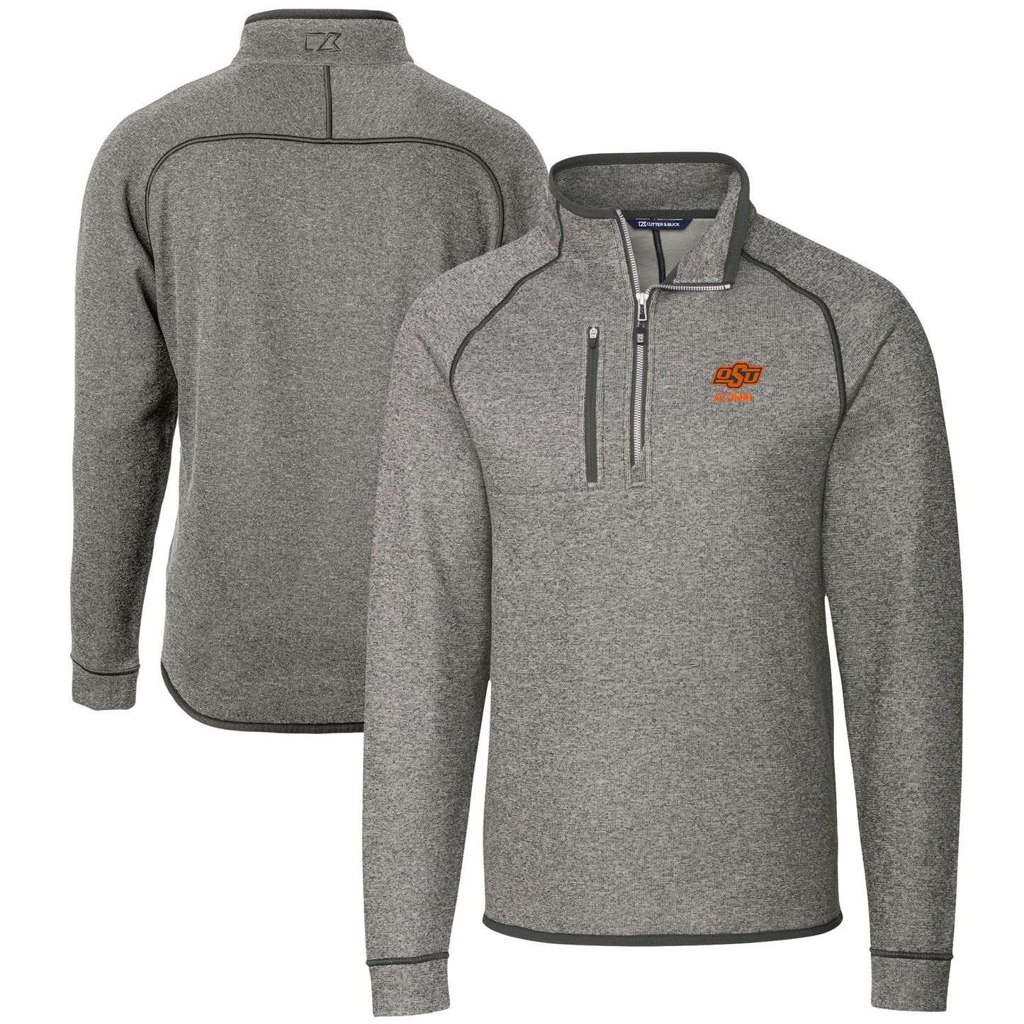 Men's Cutter & Buck Heather Gray Oklahoma State Cowboys Alumni Logo Mainsail Sweater-Knit Half-Zip Pullover Jacket