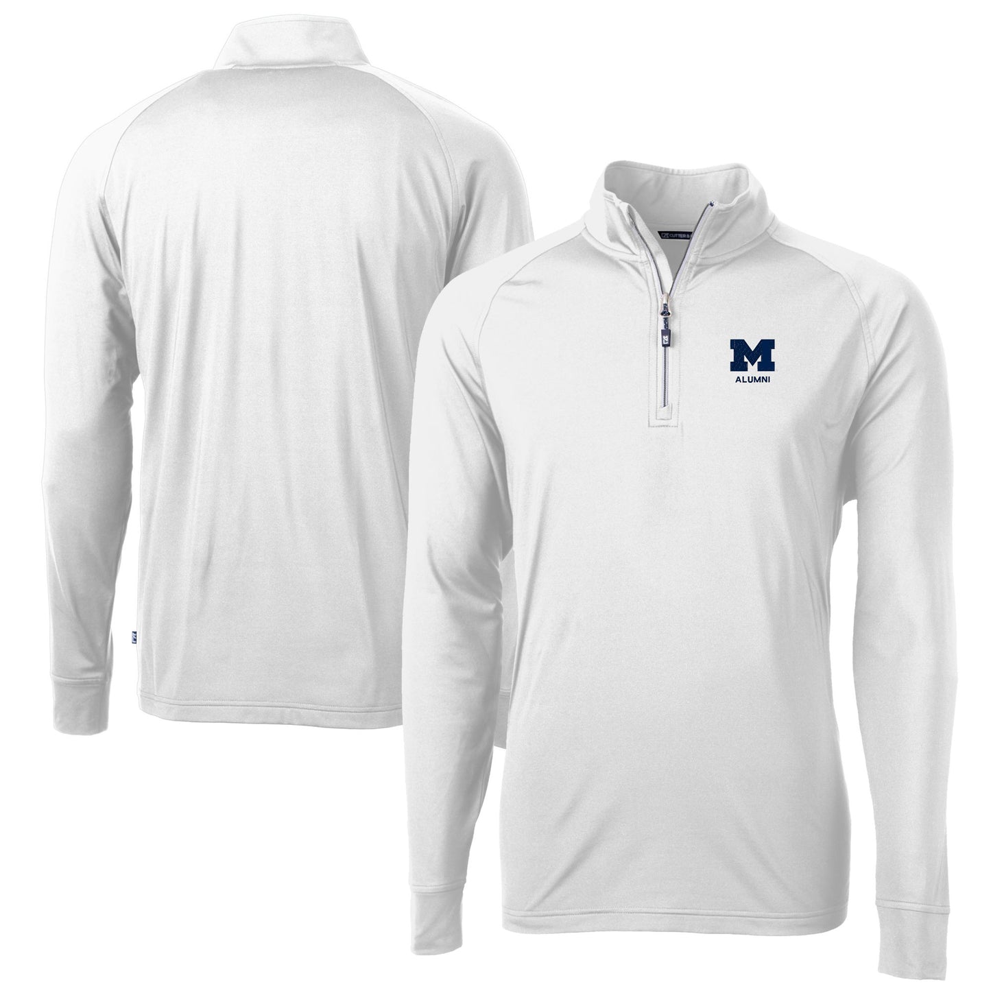 Men's Cutter & Buck White Michigan Wolverines Alumni Logo Adapt Eco Knit Stretch Recycled Quarter-Zip Pullover Top