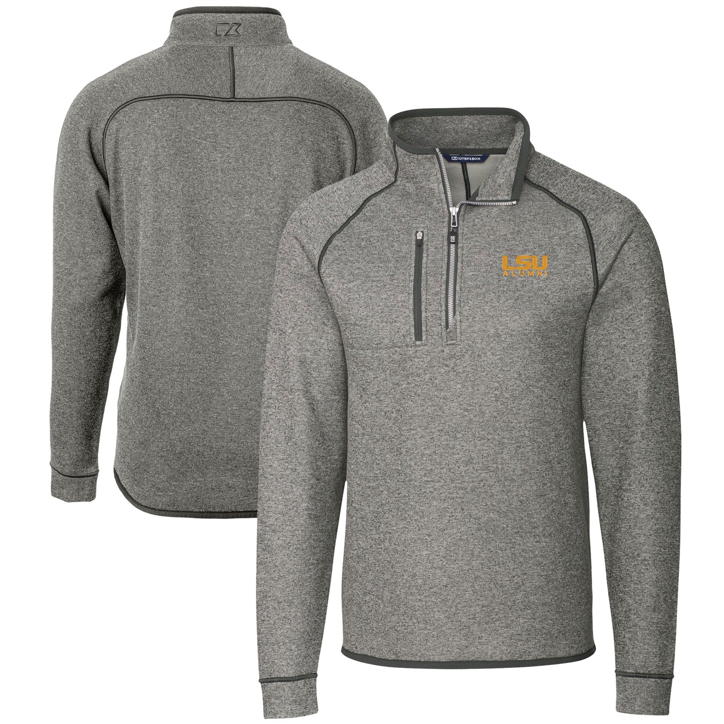Men's Cutter & Buck Heather Gray LSU Tigers Alumni Logo Mainsail Sweater-Knit Half-Zip Pullover Jacket