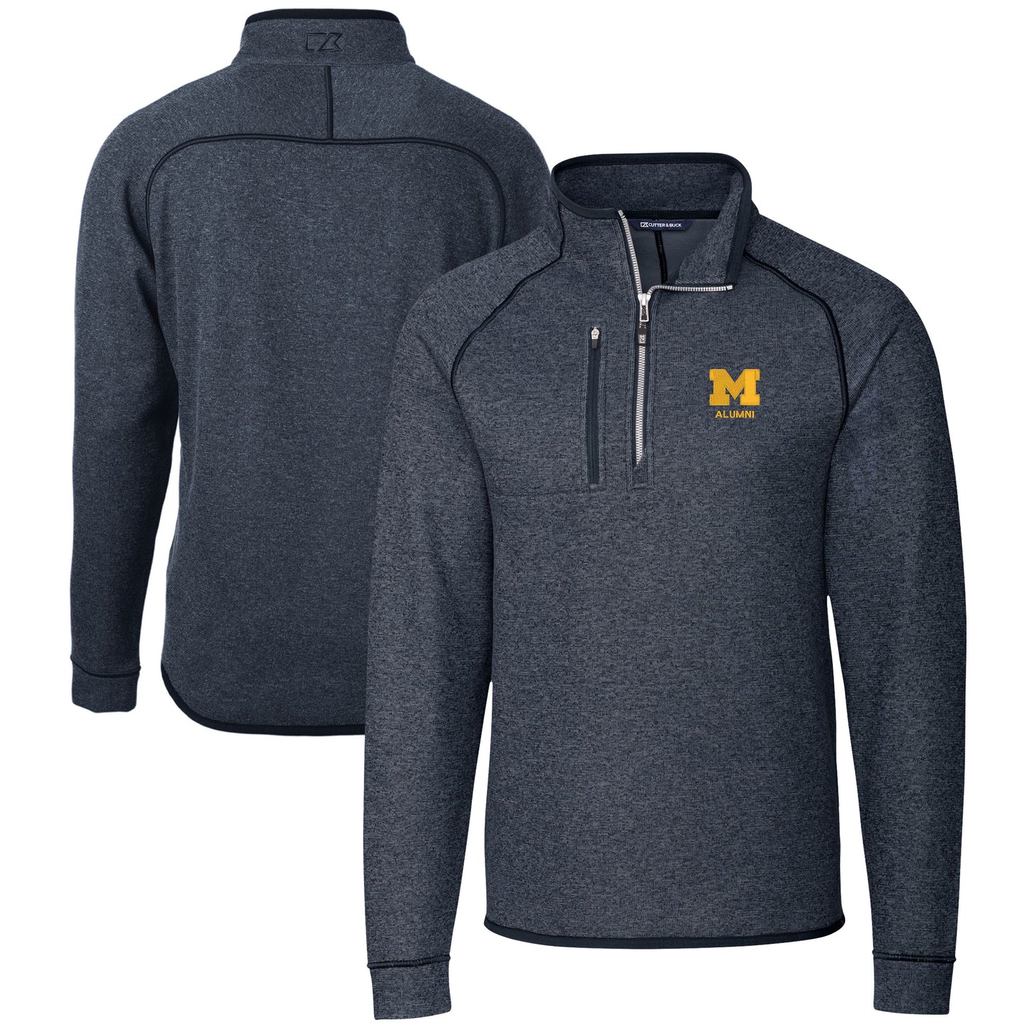 Men's Cutter & Buck Heather Navy Michigan Wolverines Alumni Logo Mainsail Sweater-Knit Half-Zip Pullover Jacket