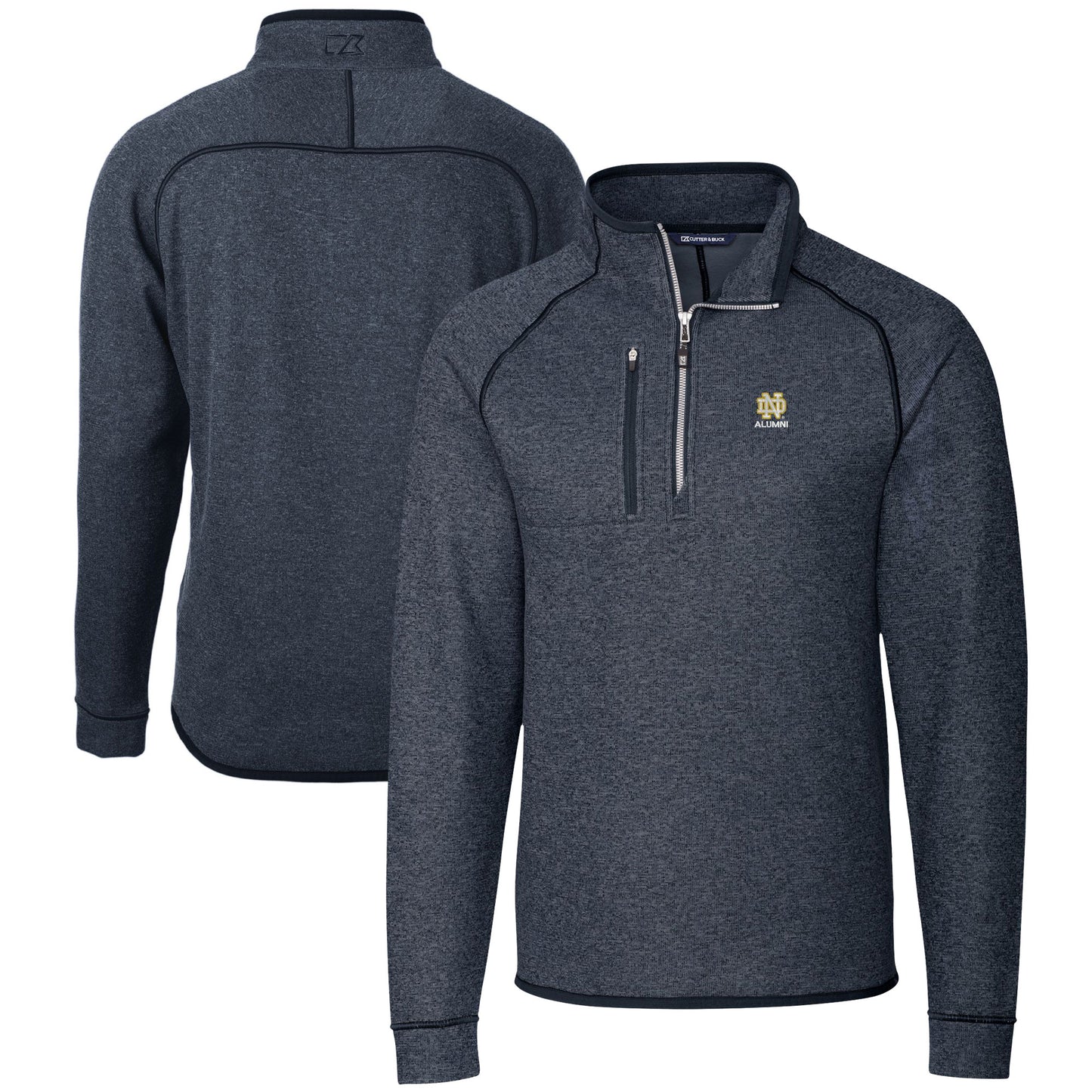 Men's Cutter & Buck Heather Navy Notre Dame Fighting Irish Alumni Logo Mainsail Sweater-Knit Half-Zip Pullover Jacket