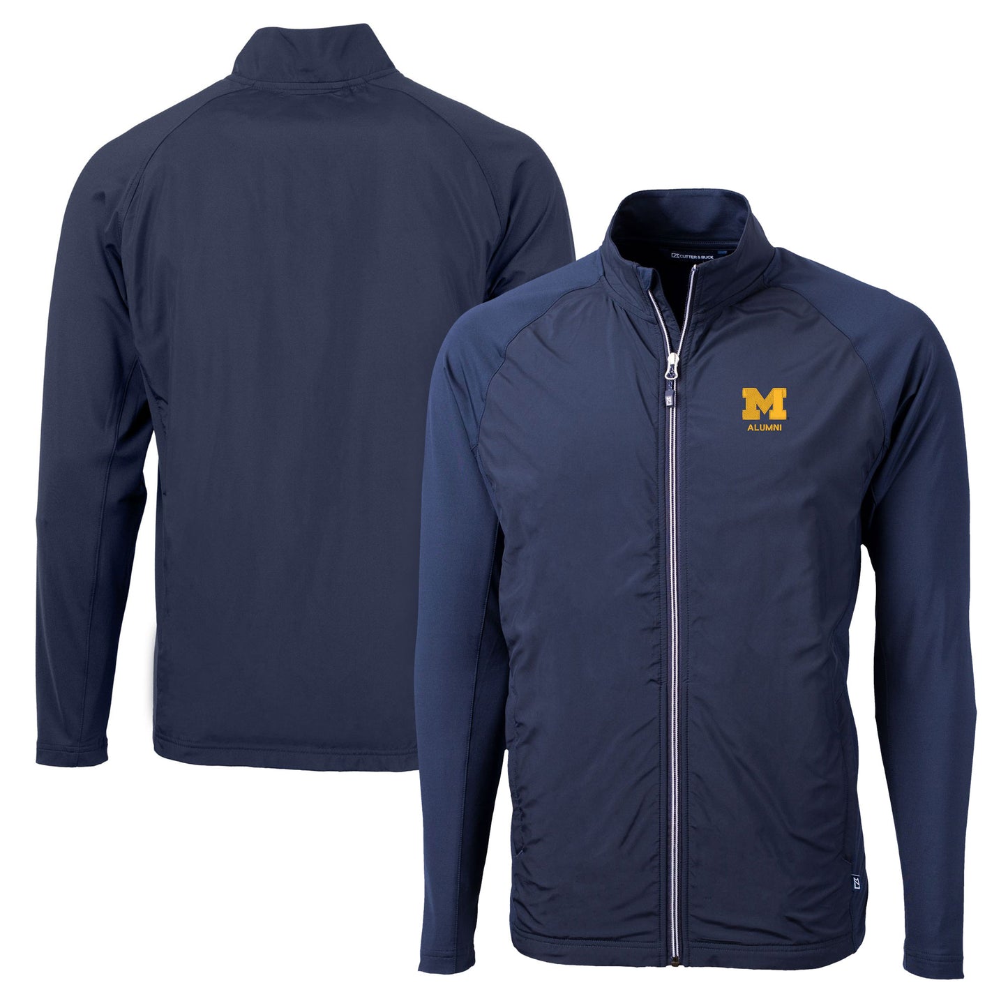 Men's Cutter & Buck Navy Michigan Wolverines Alumni Logo Adapt Eco Knit Hybrid Recycled Full-Zip Jacket