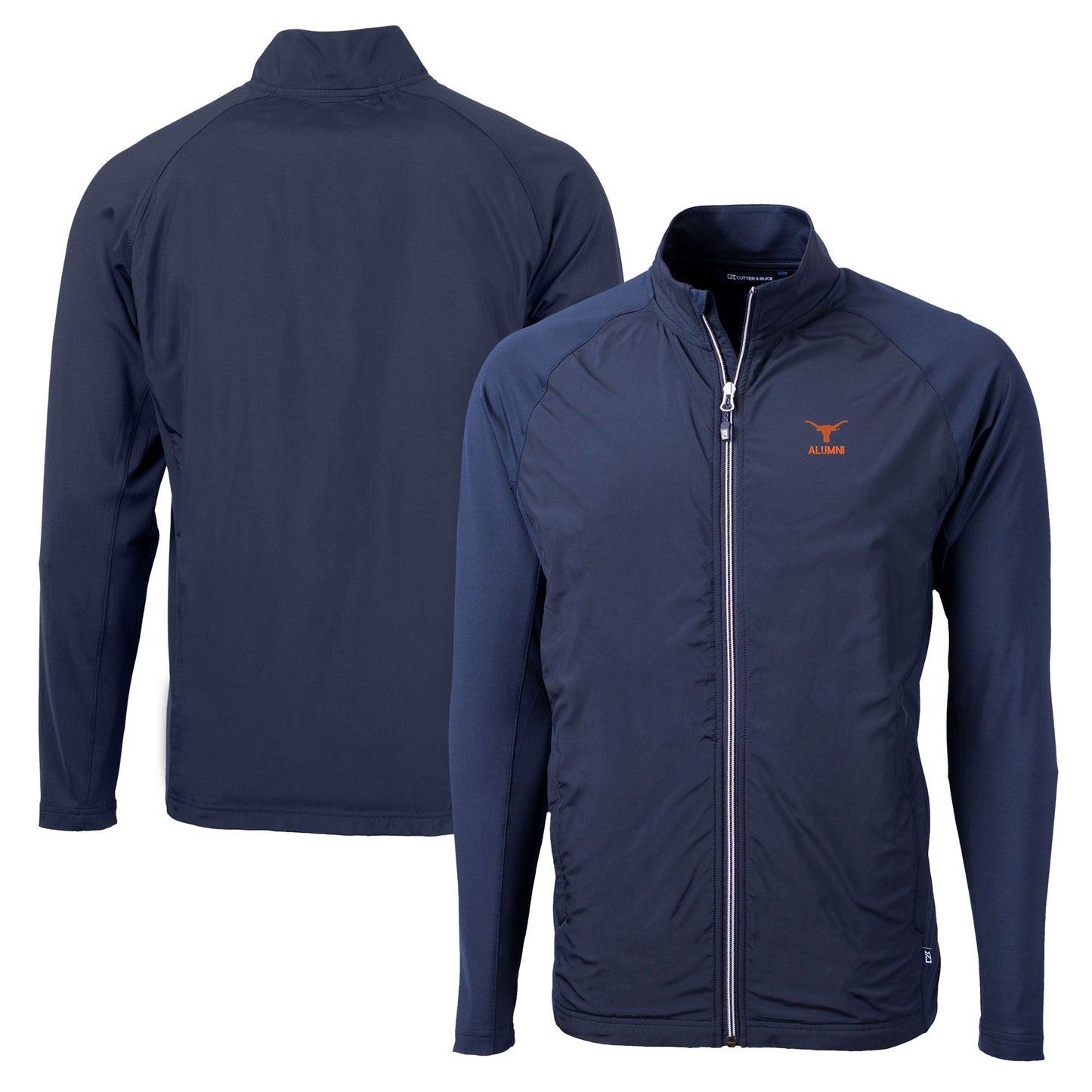 Men's Cutter & Buck Navy Texas Longhorns Alumni Logo Adapt Eco Knit Hybrid Recycled Full-Zip Jacket