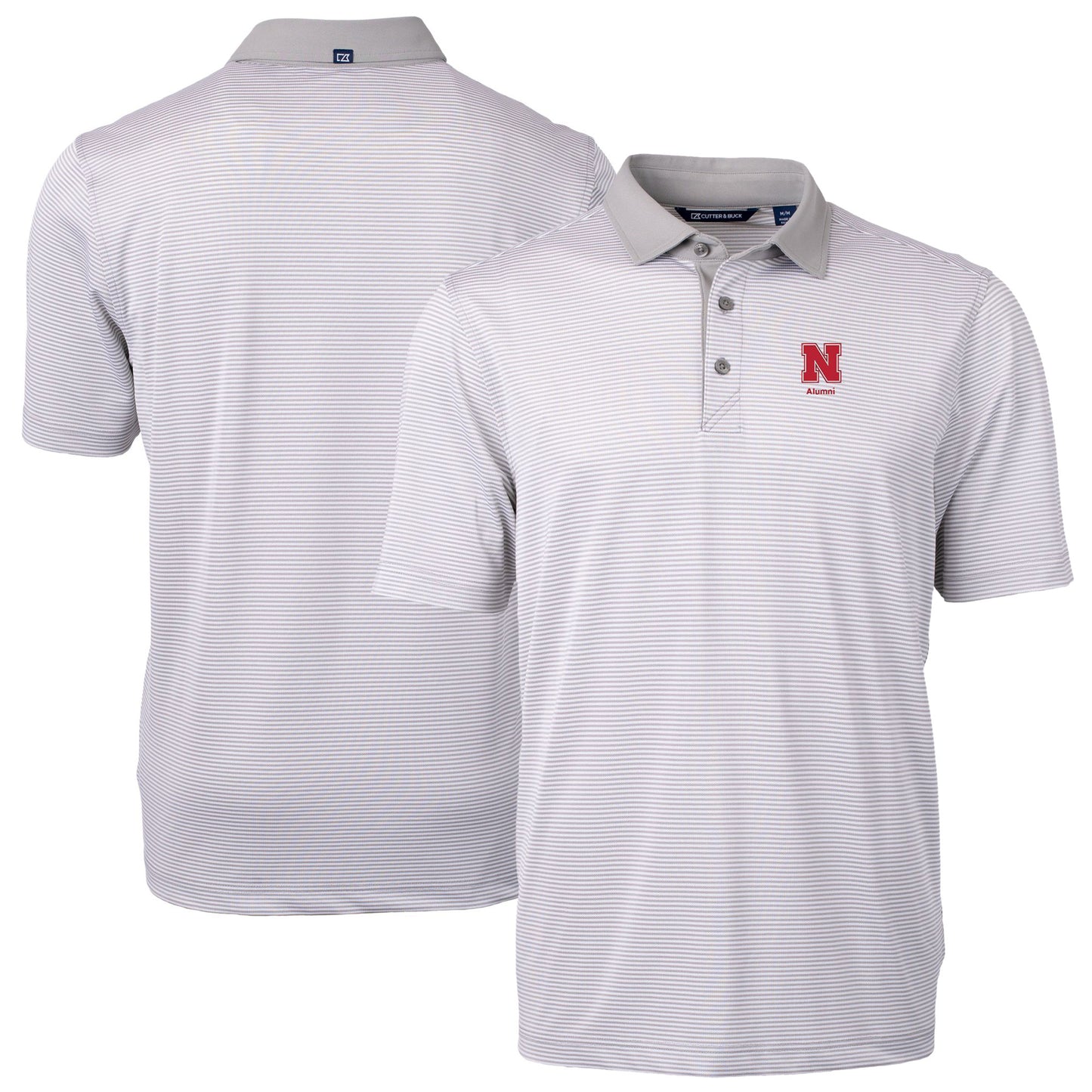 Men's Cutter & Buck Gray Nebraska Huskers Alumni Logo Virtue Eco Pique Micro Stripe Recycled Polo